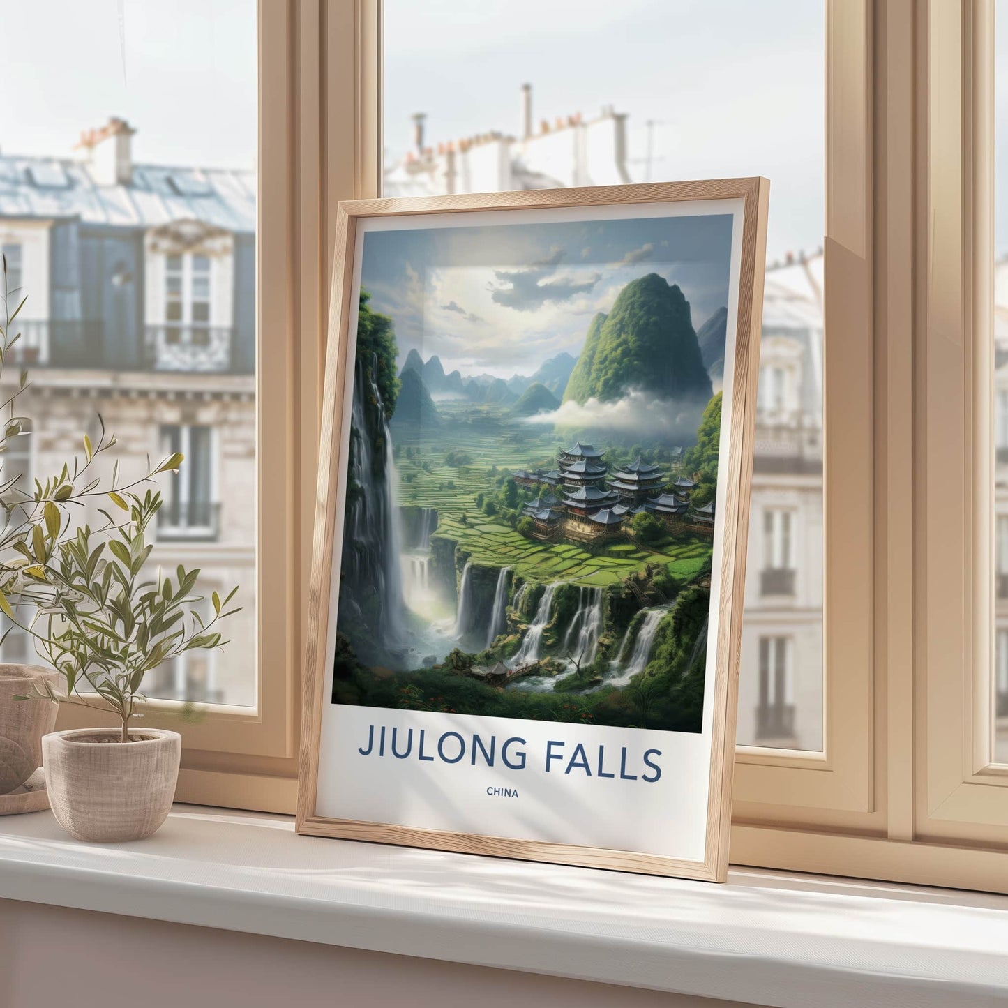 Jiulong Falls Poster - China Travel Art - Lush Valley Temples Home Decor