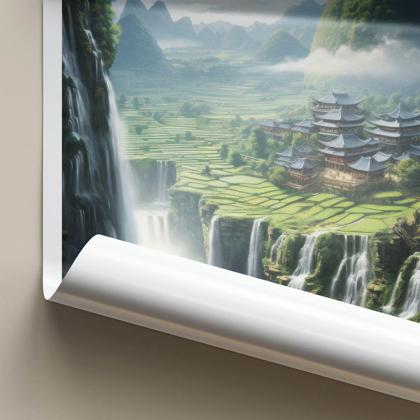 Jiulong Falls Poster - China Travel Art - Lush Valley Temples Home Decor