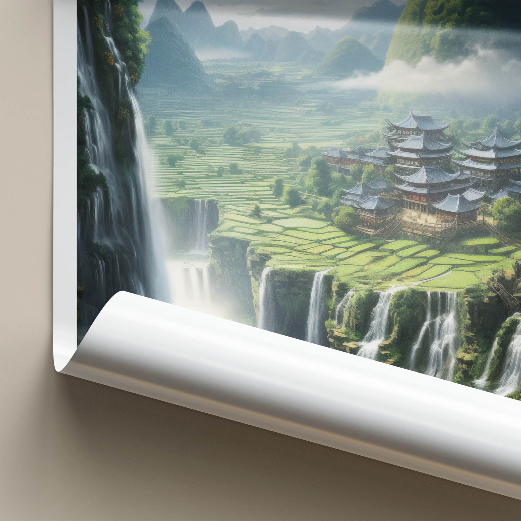 Jiulong Falls Poster - China Travel Art - Lush Valley Temples Home Decor