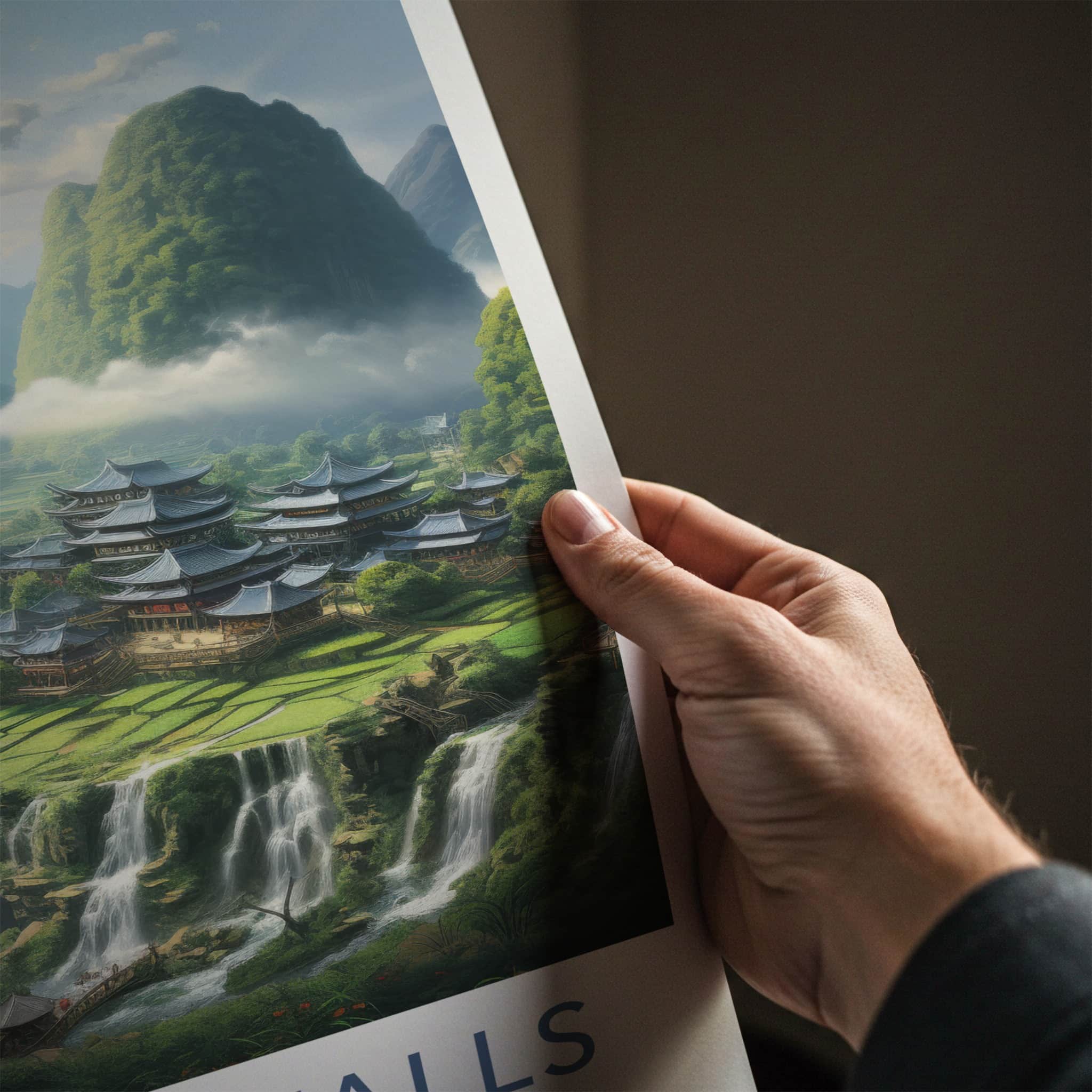 Jiulong Falls Poster - China Travel Art - Lush Valley Temples Home Decor