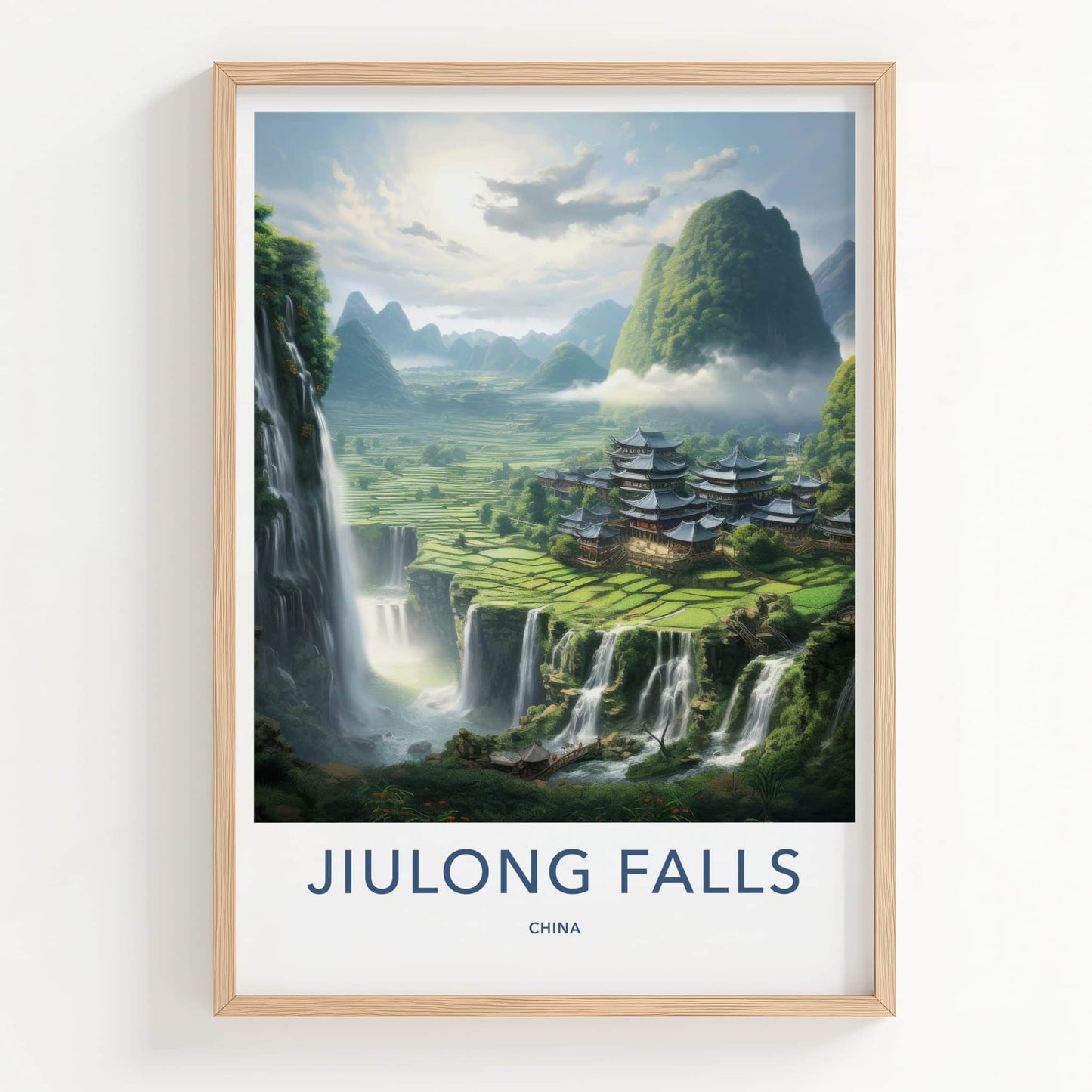 Jiulong Falls Poster - China Travel Art - Lush Valley Temples Home Decor