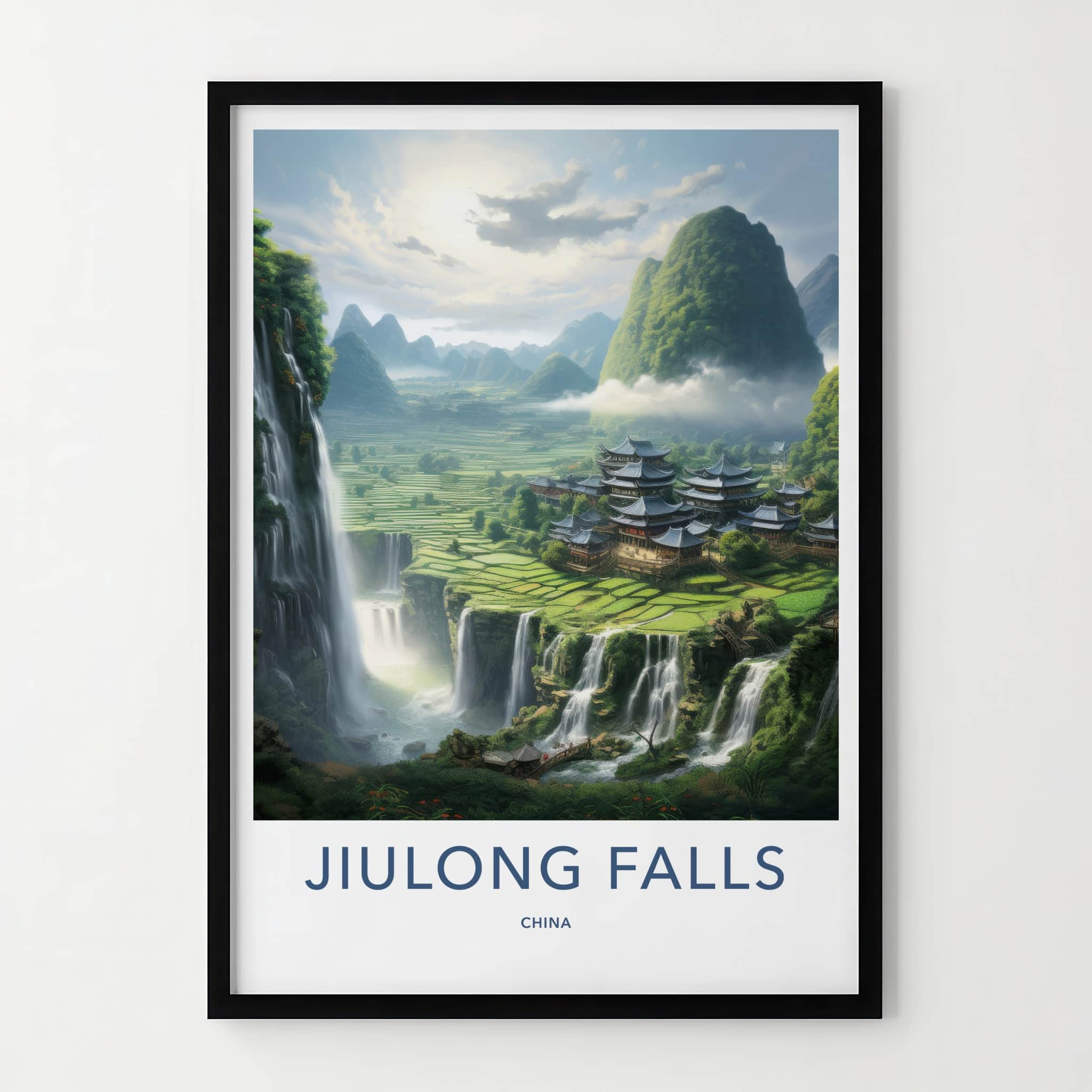 Jiulong Falls Poster - China Travel Art - Lush Valley Temples Home Decor
