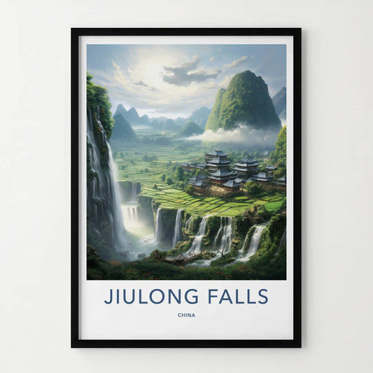 Jiulong Falls Poster - China Travel Art - Lush Valley Temples Home Decor