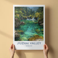 Jiuzhai Valley Poster - China Travel Art - Emerald Waterfalls Forest Home Decor