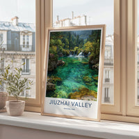 Jiuzhai Valley Poster - China Travel Art - Emerald Waterfalls Forest Home Decor