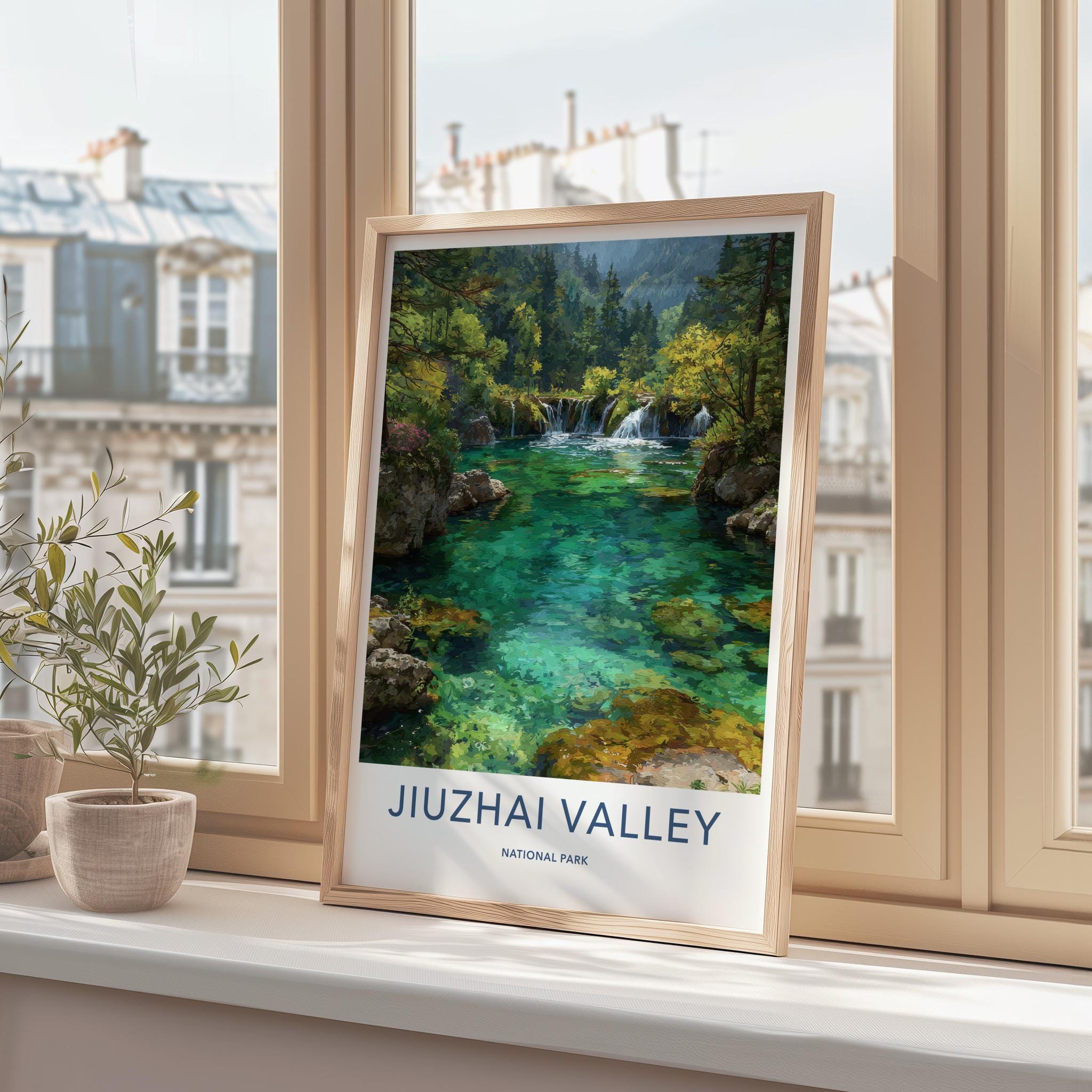 Jiuzhai Valley Poster - China Travel Art - Emerald Waterfalls Forest Home Decor