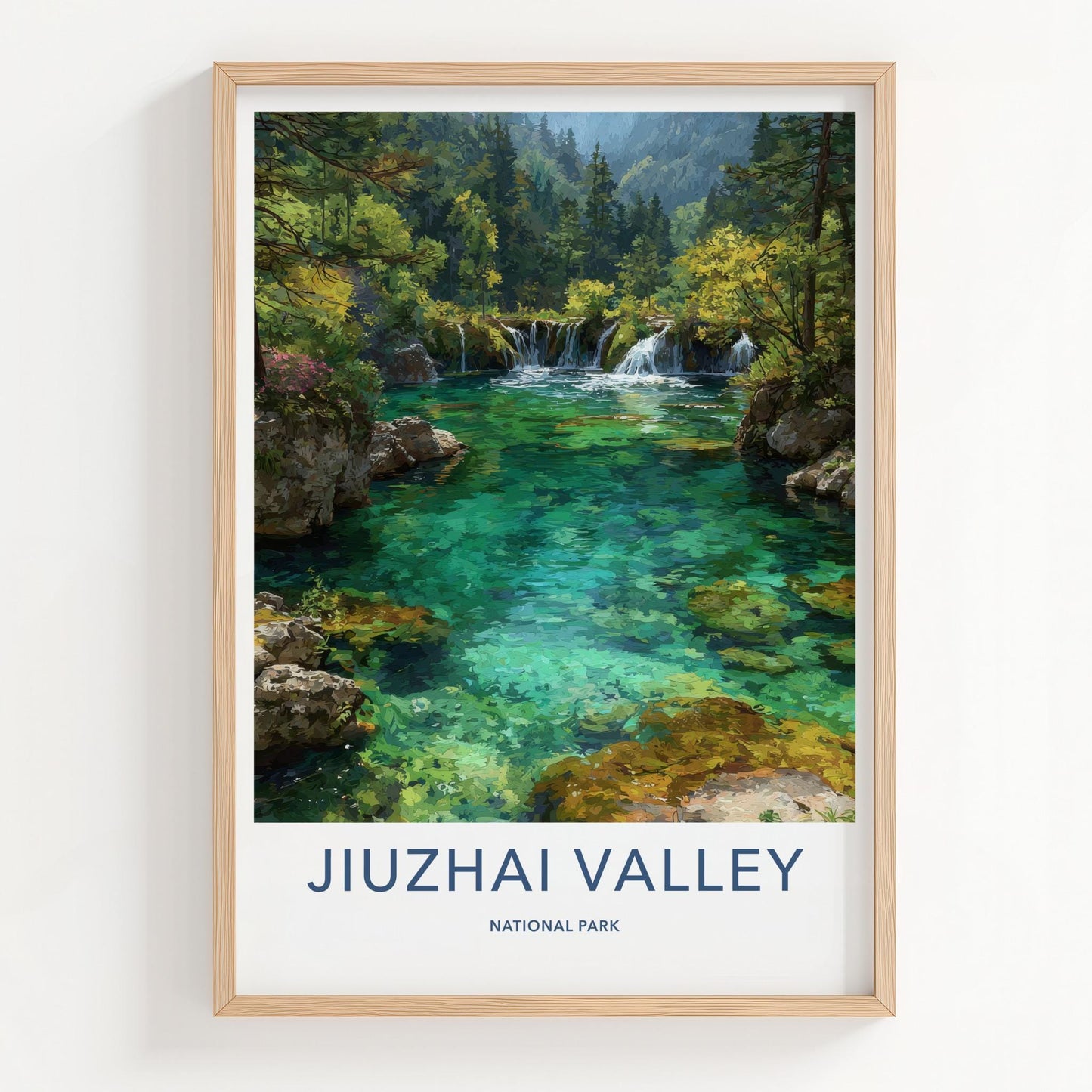 Jiuzhai Valley Poster - China Travel Art - Emerald Waterfalls Forest Home Decor