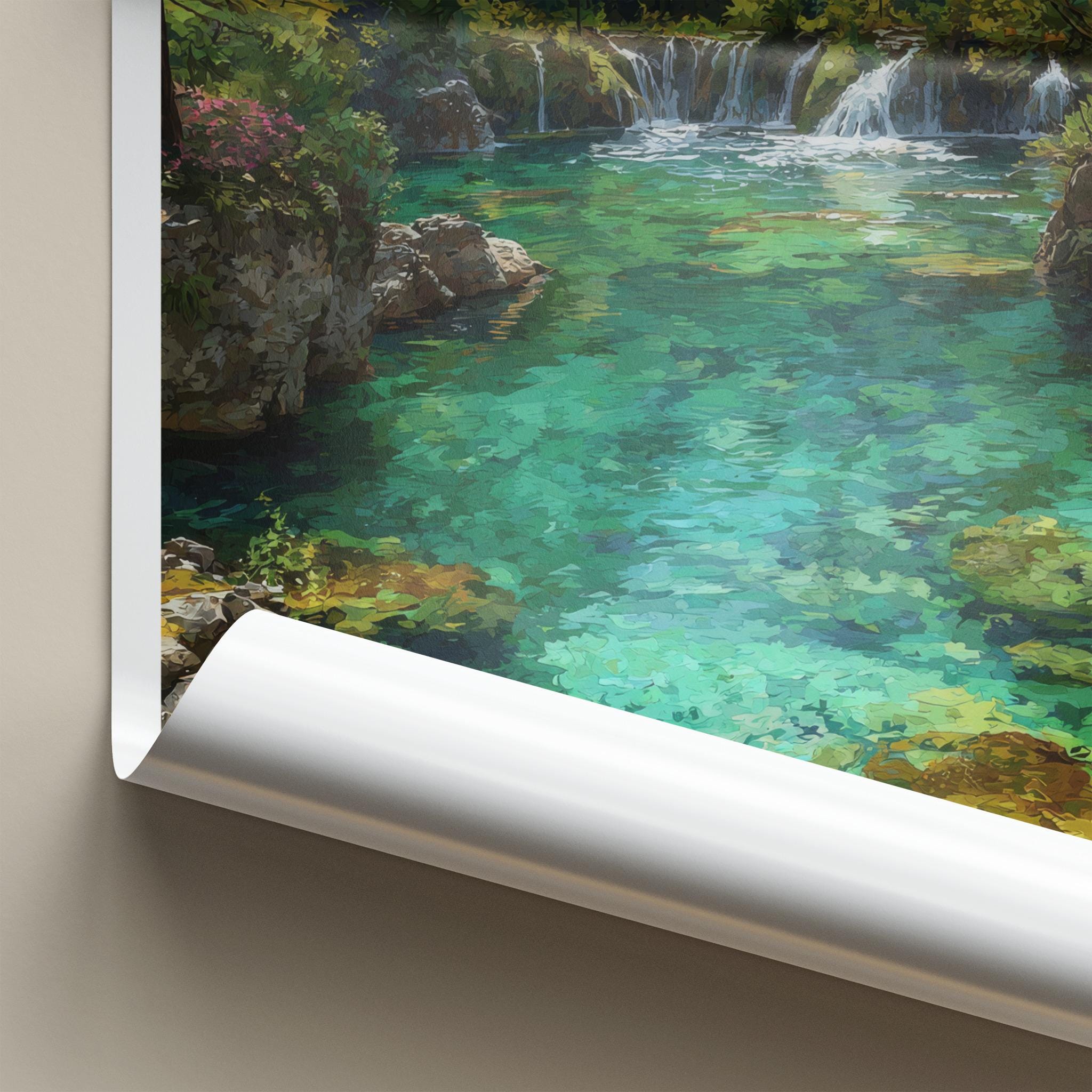 Jiuzhai Valley Poster - China Travel Art - Emerald Waterfalls Forest Home Decor