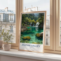 Jiuzhai Valley Poster - China Wall Art - Lush Forest Waterfalls Home Decor