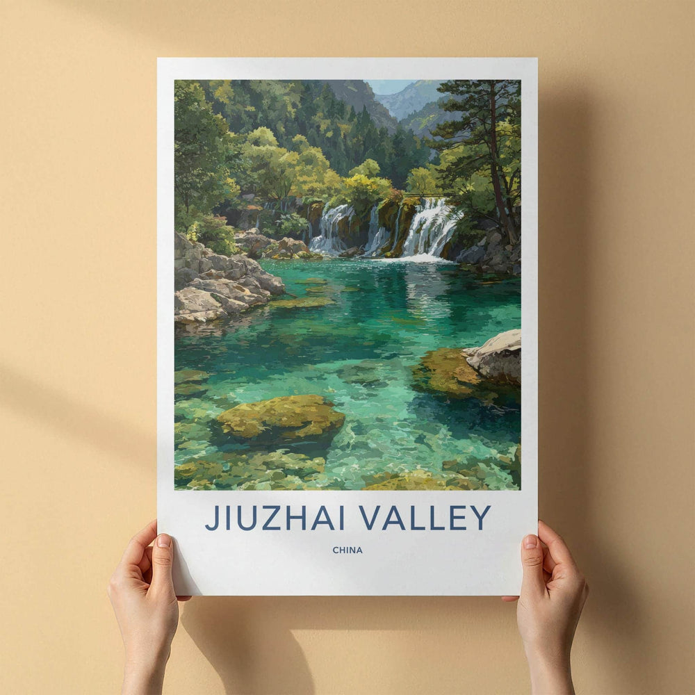 Jiuzhai Valley Poster - China Wall Art - Lush Forest Waterfalls Home Decor