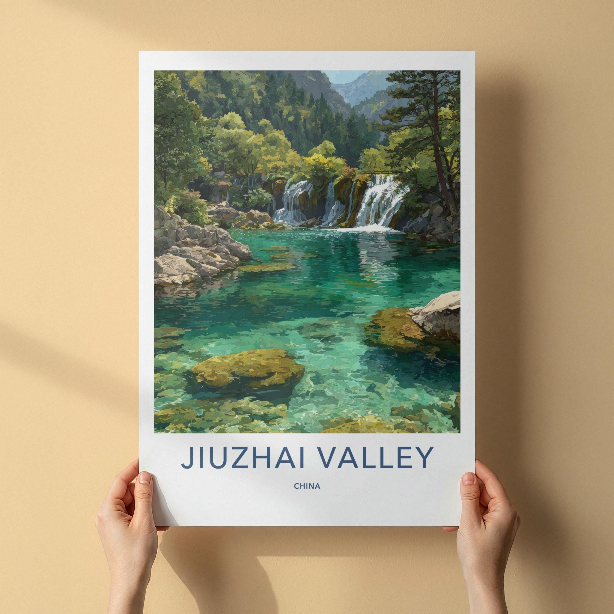 Jiuzhai Valley Poster - China Wall Art - Lush Forest Waterfalls Home Decor