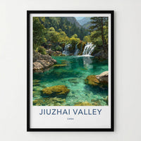 Jiuzhai Valley Poster - China Wall Art - Lush Forest Waterfalls Home Decor