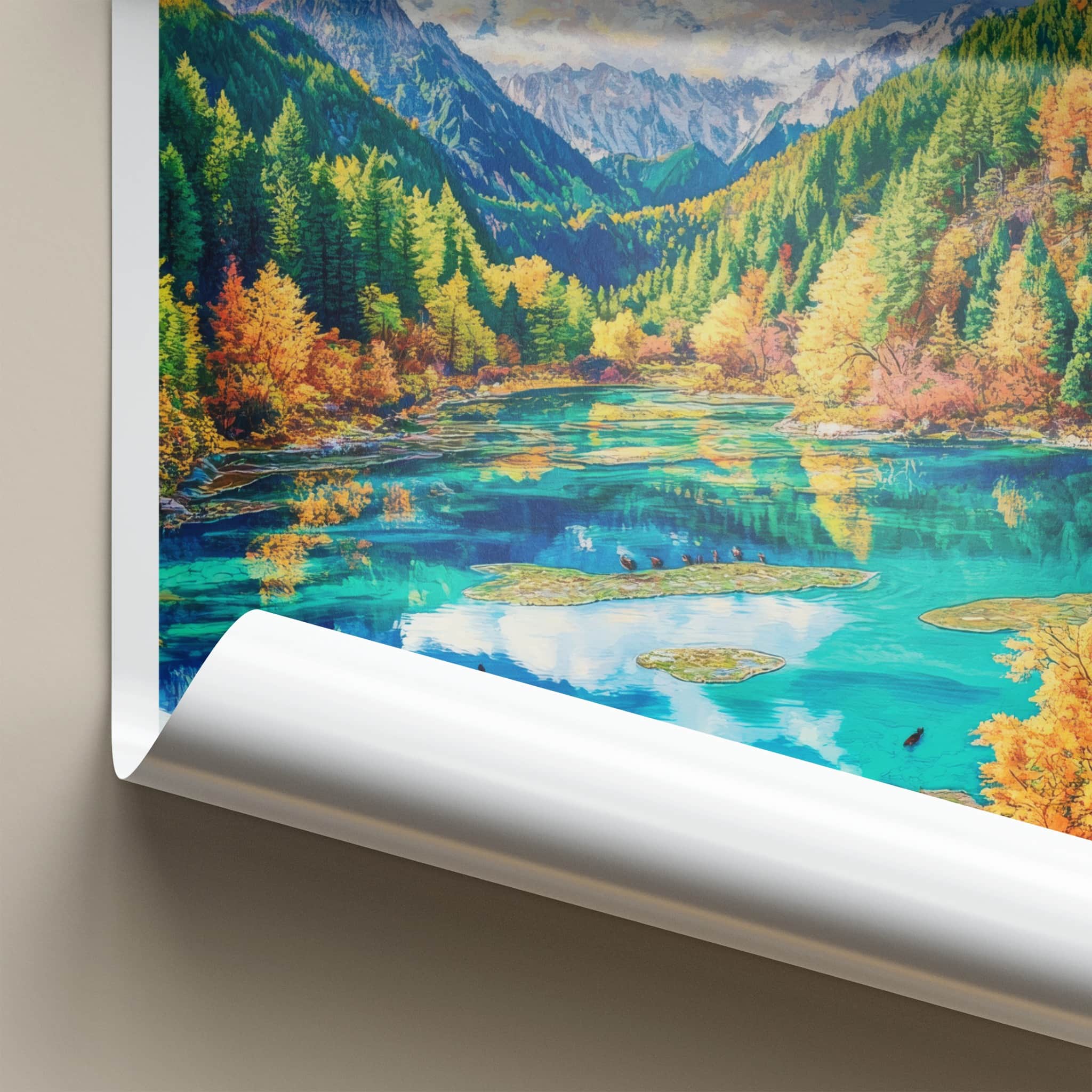 Jiuzhaigou Poster - China Travel Art - Autumn Forest Lake Home Decor