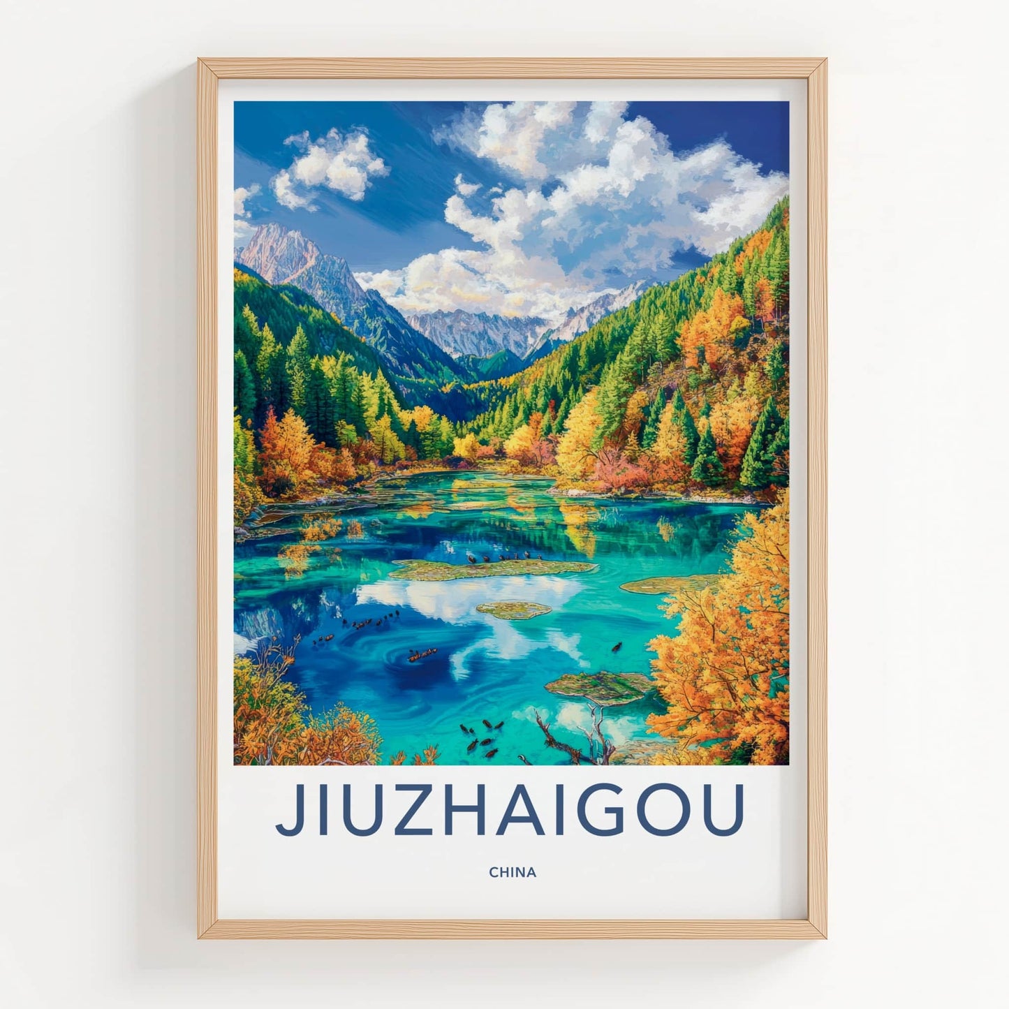 Jiuzhaigou Poster - China Travel Art - Autumn Forest Lake Home Decor