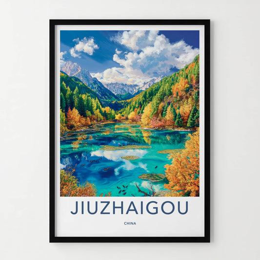 Jiuzhaigou Poster - China Travel Art - Autumn Forest Lake Home Decor
