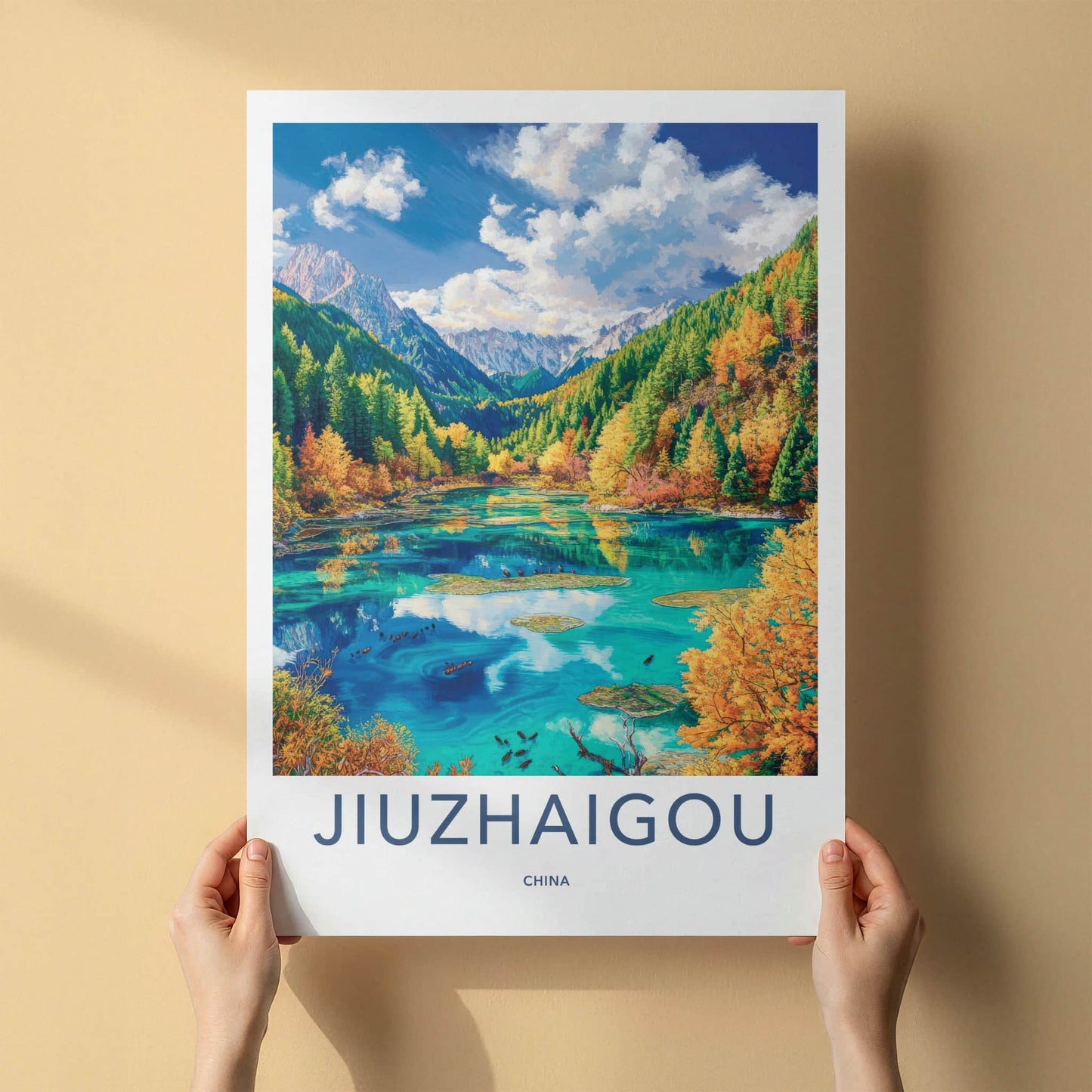 Jiuzhaigou Poster - China Travel Art - Autumn Forest Lake Home Decor