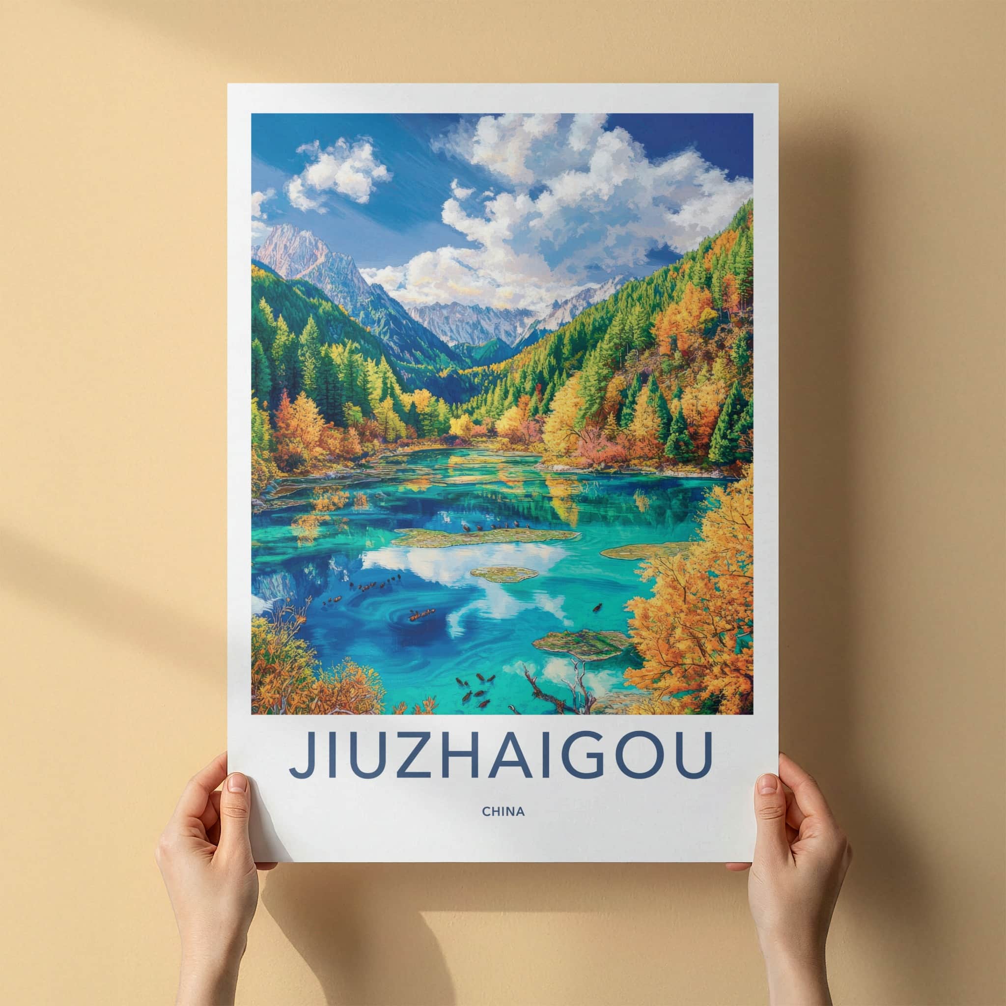 Jiuzhaigou Poster - China Travel Art - Autumn Forest Lake Home Decor