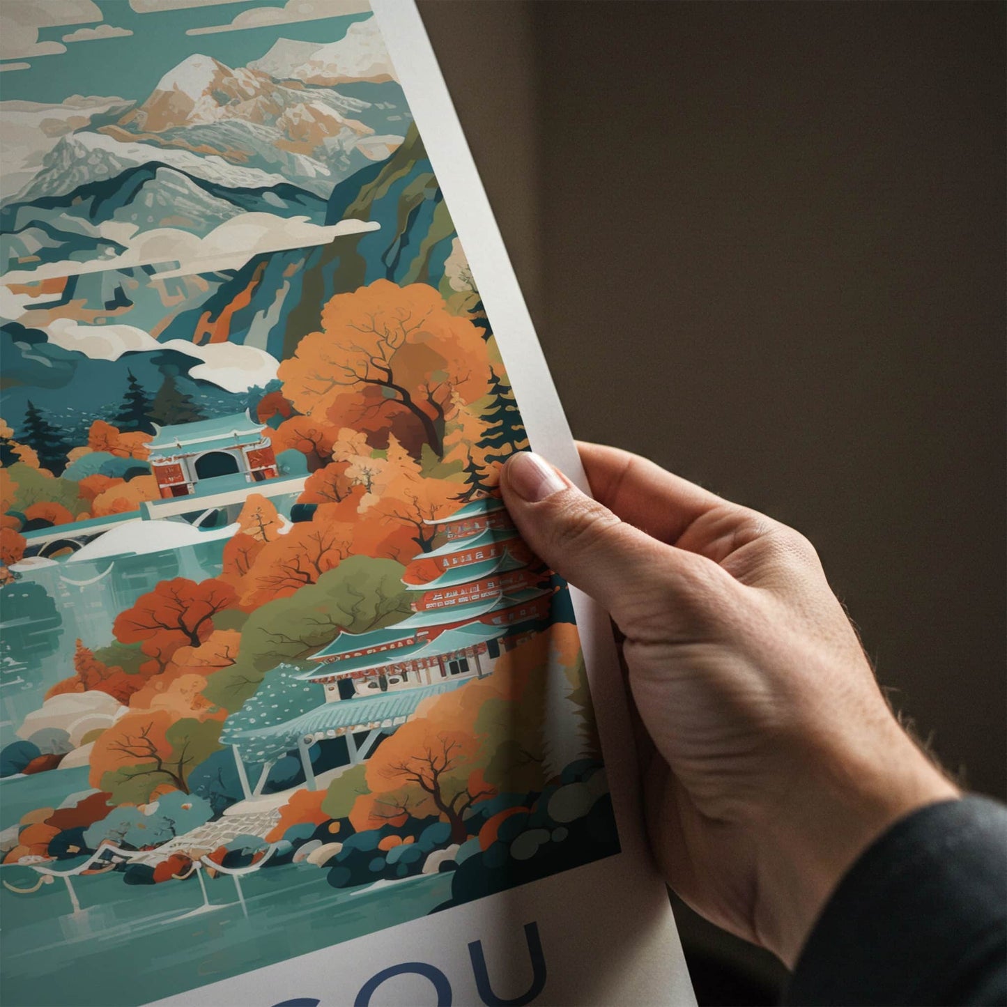Jiuzhaigou Poster - China Travel Art - Autumn Lake Temples Home Decor