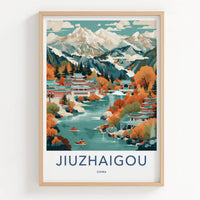 Jiuzhaigou Poster - China Travel Art - Autumn Lake Temples Home Decor