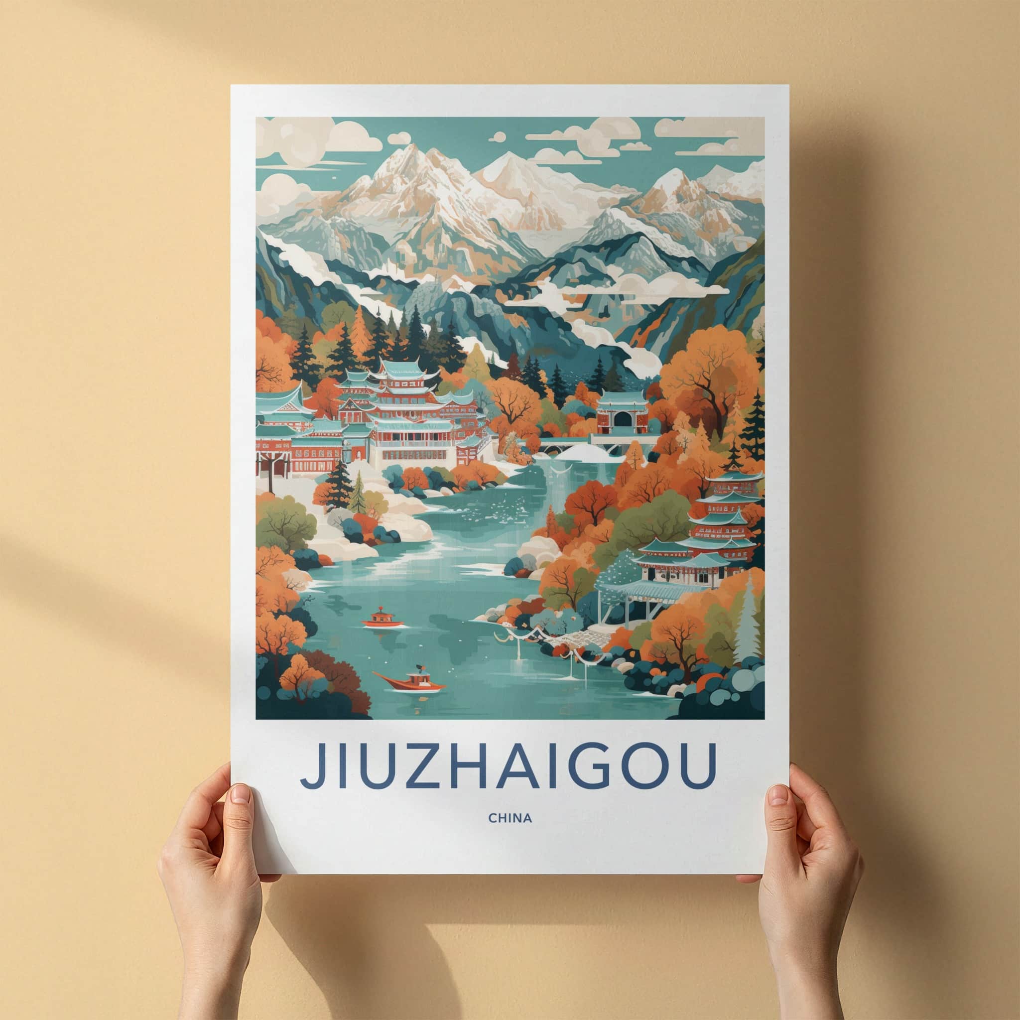 Jiuzhaigou Poster - China Travel Art - Autumn Lake Temples Home Decor