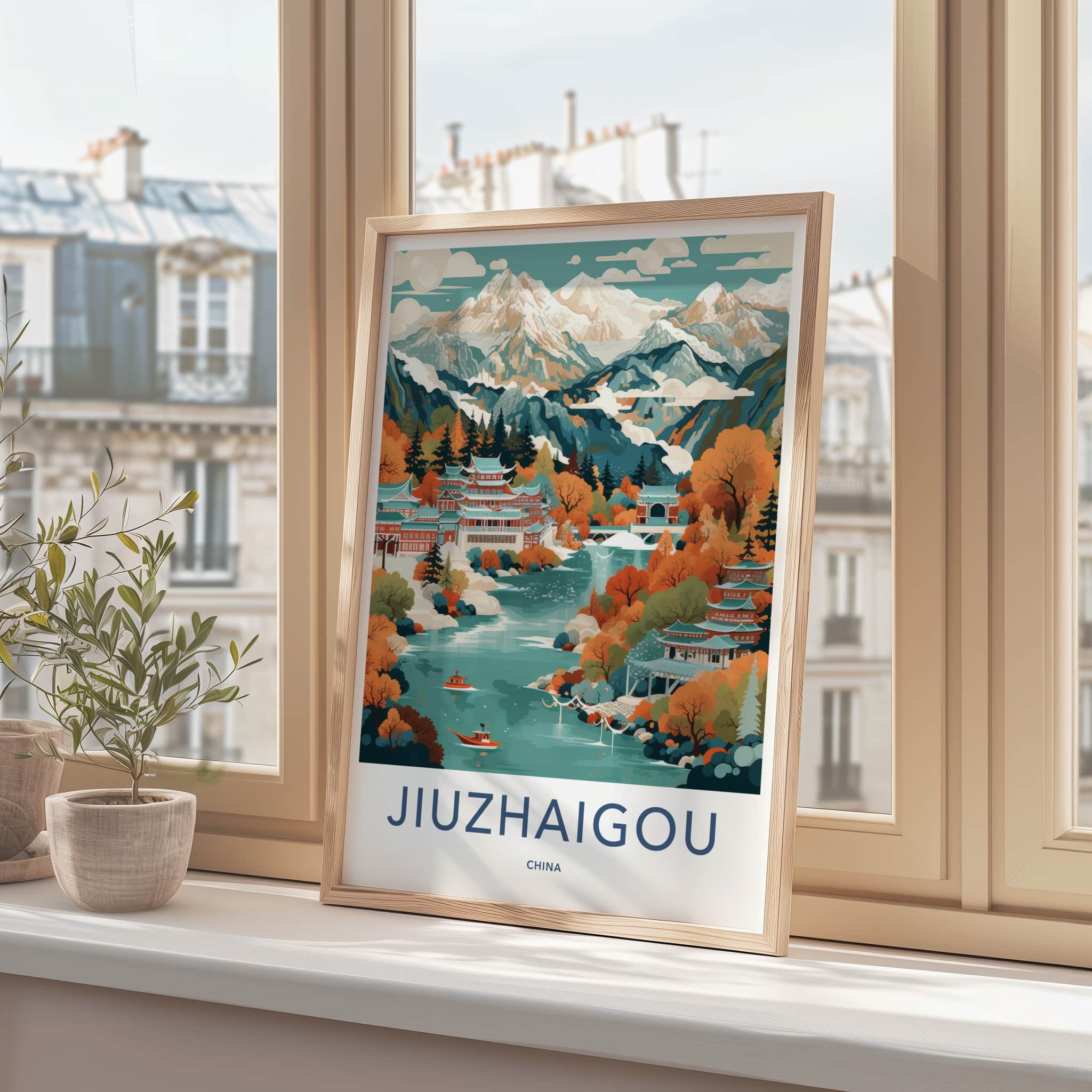 Jiuzhaigou Poster - China Travel Art - Autumn Lake Temples Home Decor