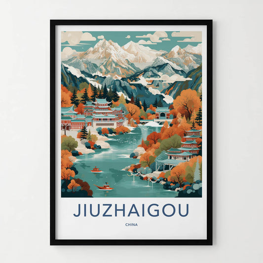 Jiuzhaigou Poster - China Travel Art - Autumn Lake Temples Home Decor