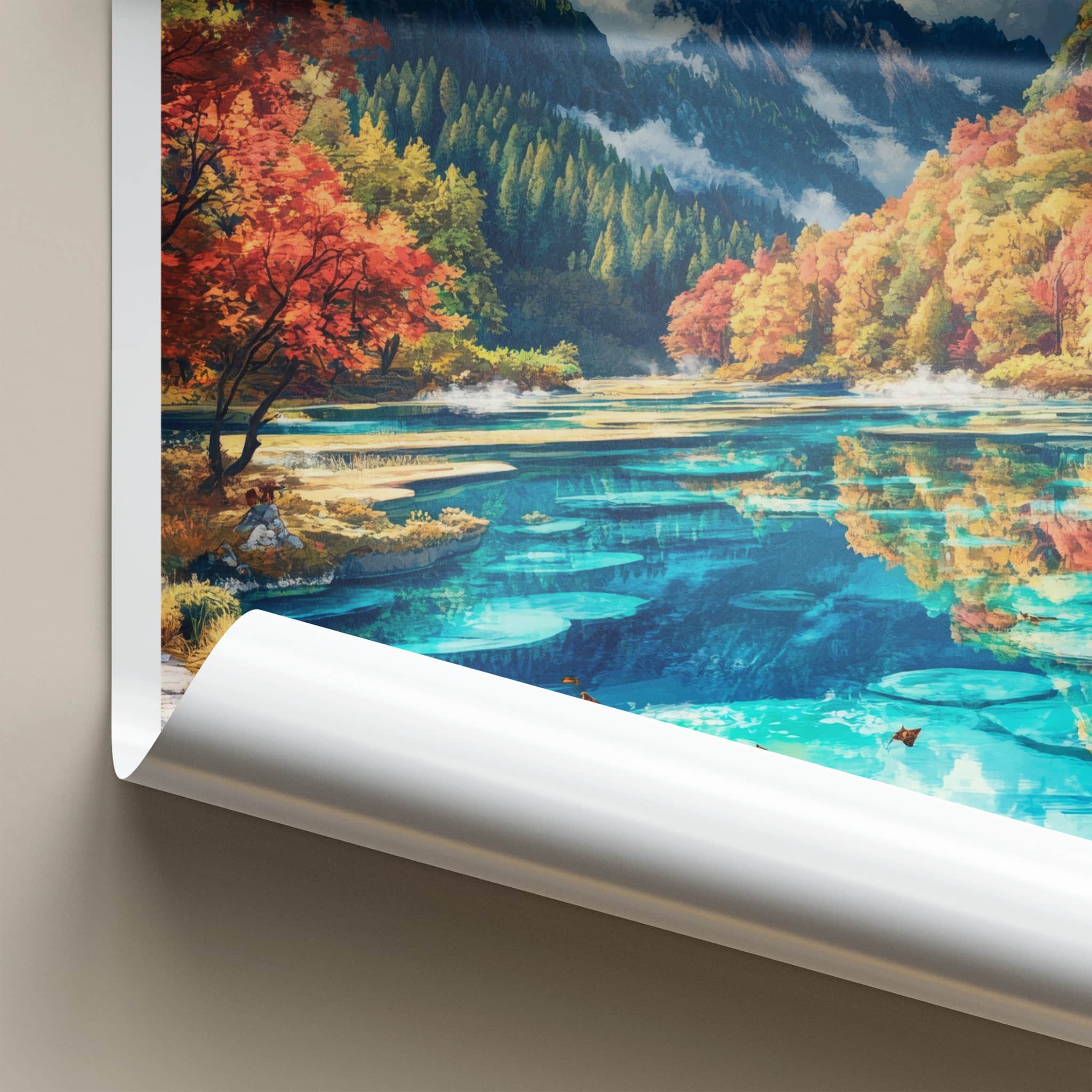 Jiuzhaigou Poster - China Travel Art - Autumn Mountain Lake Home Decor