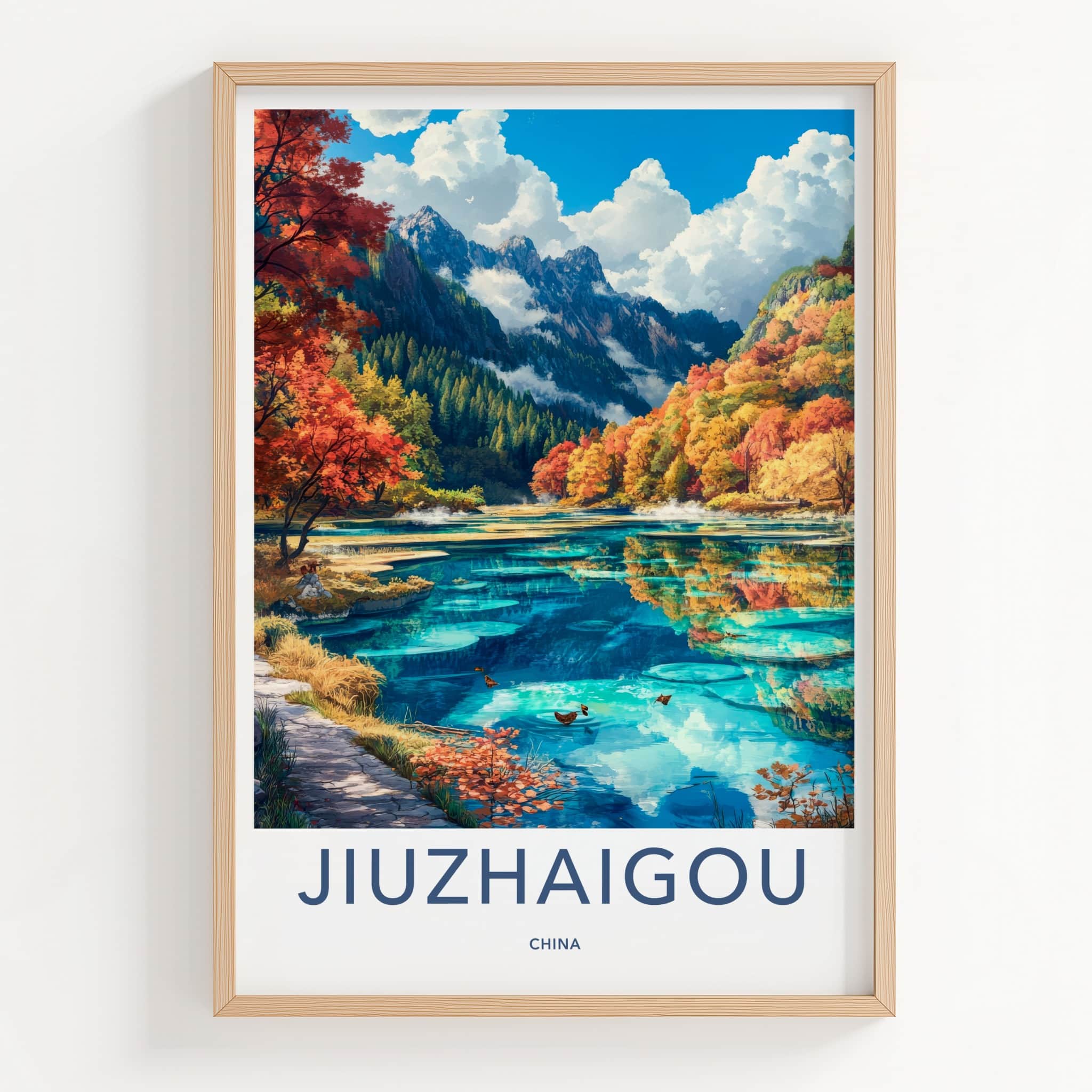 Jiuzhaigou Poster - China Travel Art - Autumn Mountain Lake Home Decor