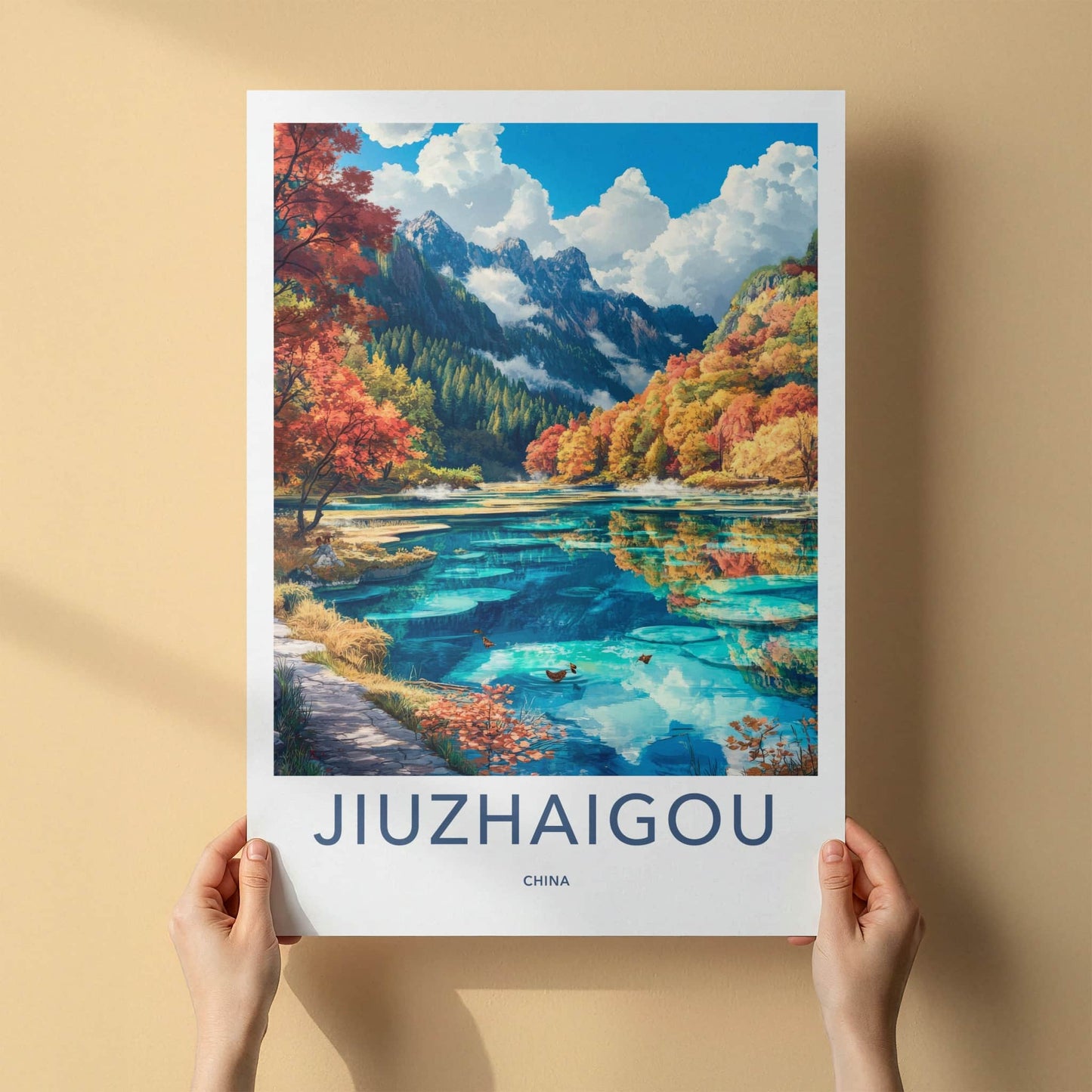 Jiuzhaigou Poster - China Travel Art - Autumn Mountain Lake Home Decor