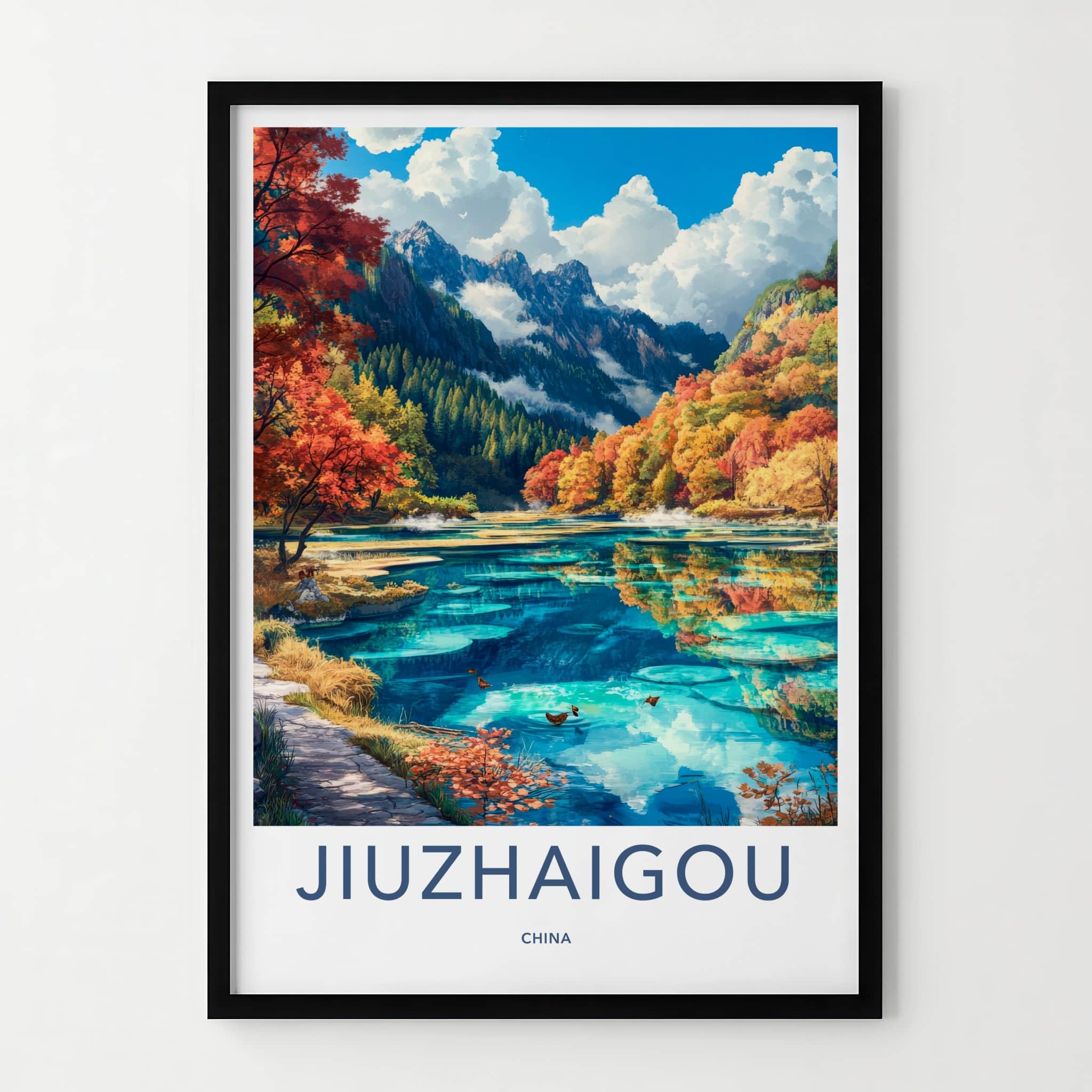 Jiuzhaigou Poster - China Travel Art - Autumn Mountain Lake Home Decor