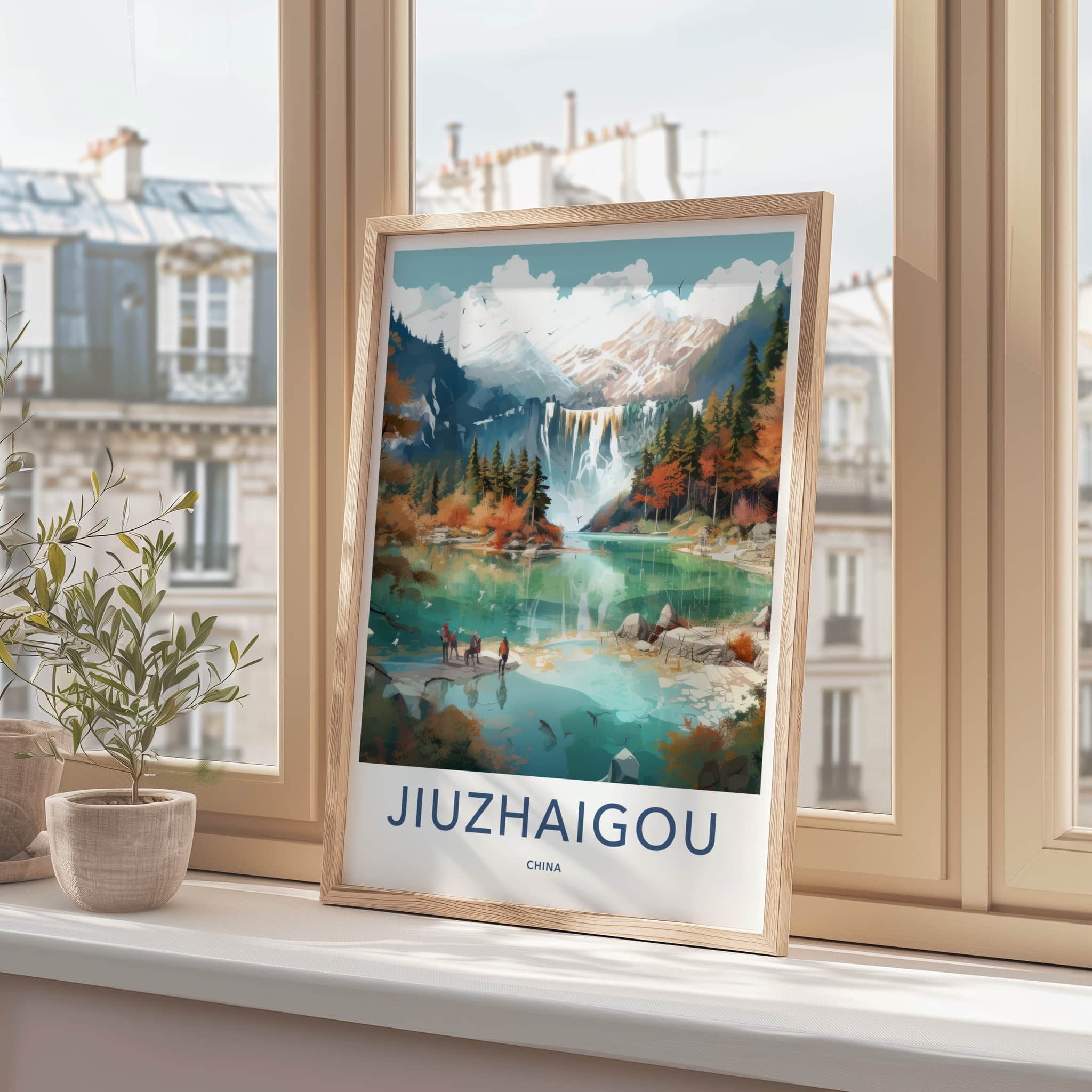 Jiuzhaigou Poster - China Travel Art - Autumn Mountain Waterfall Home Decor