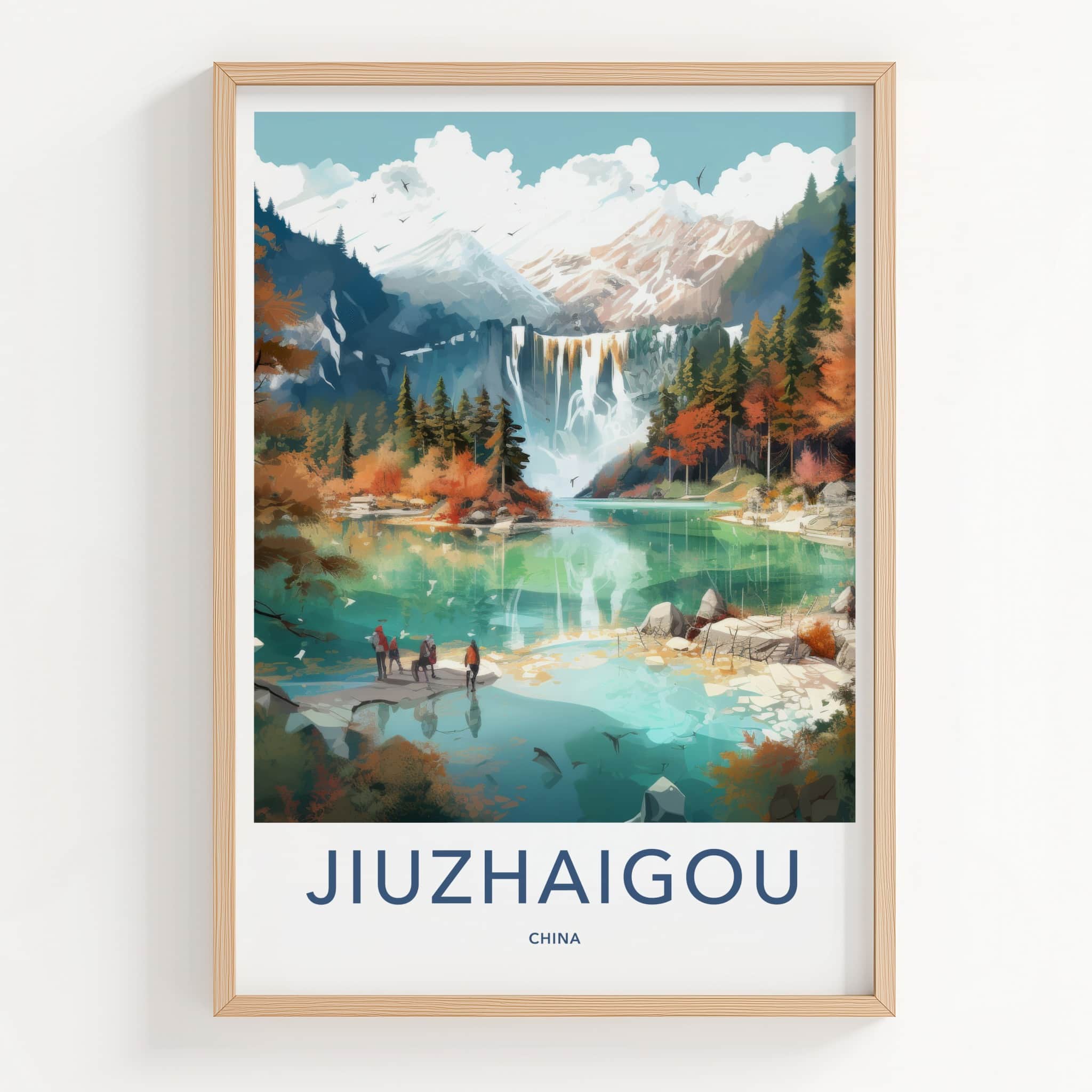 Jiuzhaigou Poster - China Travel Art - Autumn Mountain Waterfall Home Decor