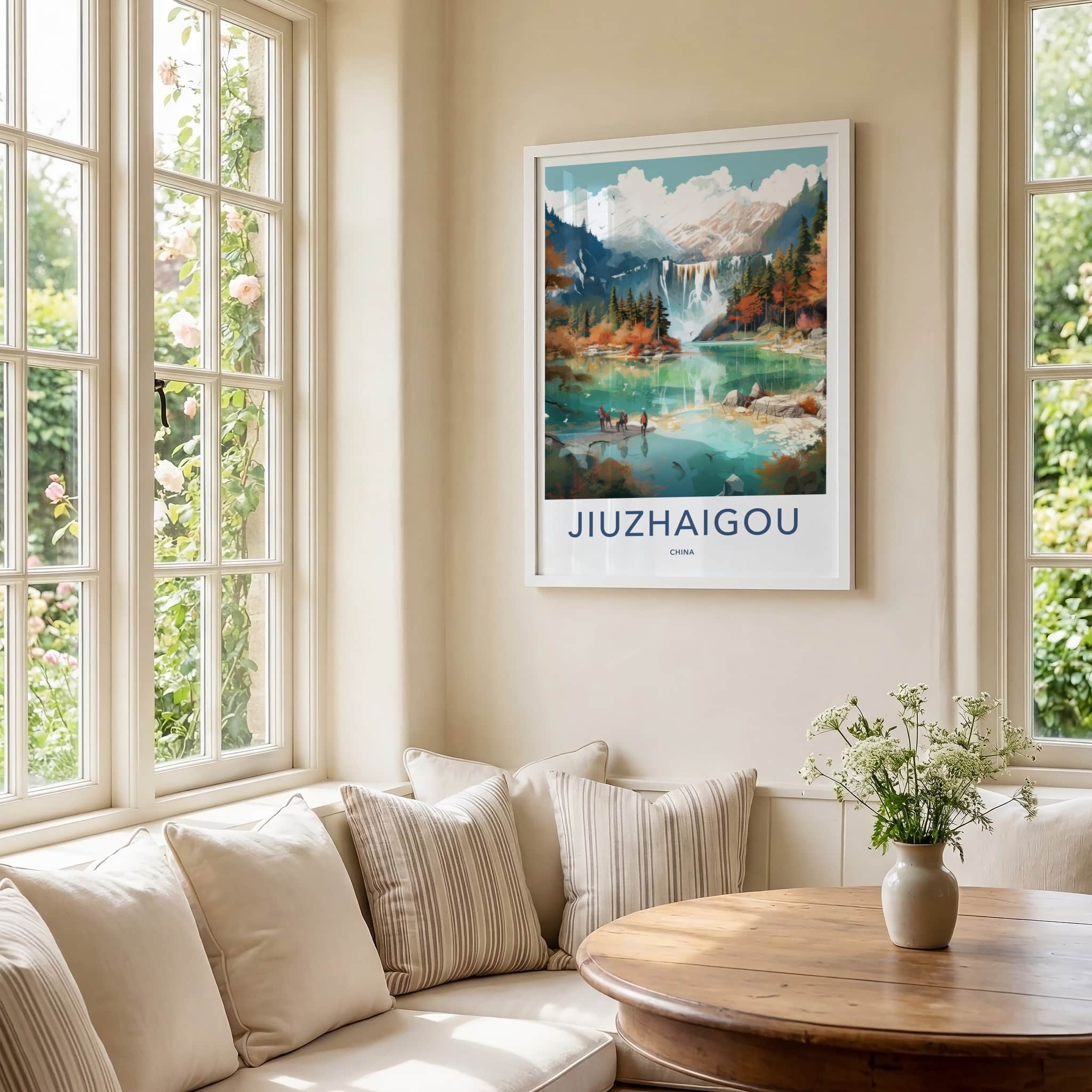 Jiuzhaigou Poster - China Travel Art - Autumn Mountain Waterfall Home Decor