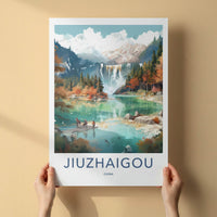 Jiuzhaigou Poster - China Travel Art - Autumn Mountain Waterfall Home Decor