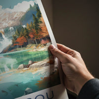 Jiuzhaigou Poster - China Travel Art - Autumn Mountain Waterfall Home Decor