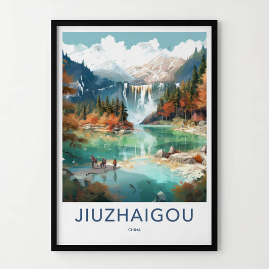 Jiuzhaigou Poster - China Travel Art - Autumn Mountain Waterfall Home Decor