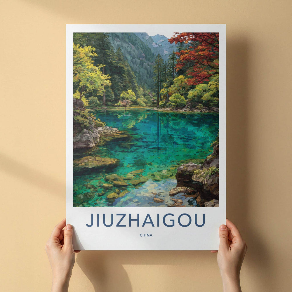 Jiuzhaigou Poster - China Travel Art - Turquoise Lake Valley Home Decor