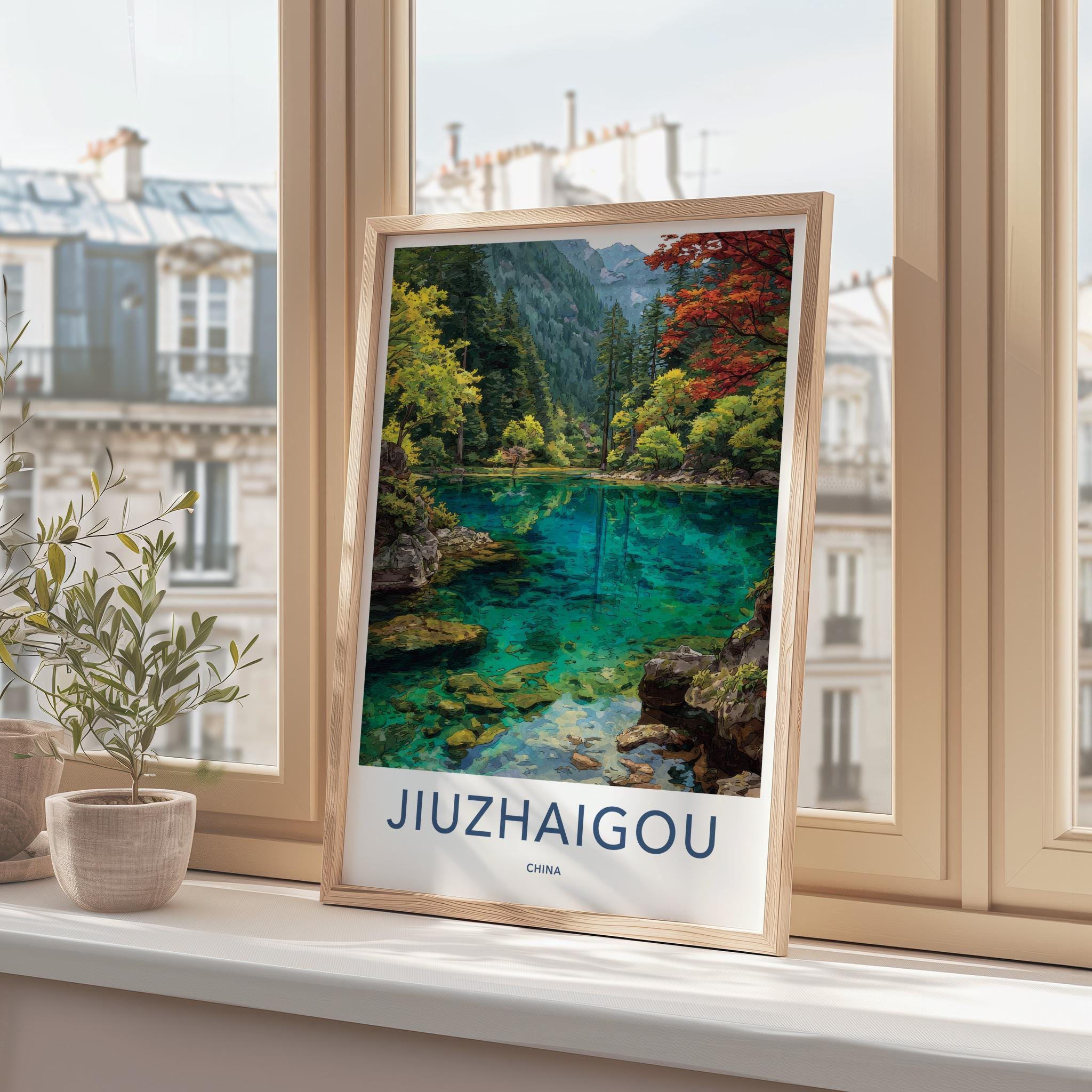 Jiuzhaigou Poster - China Travel Art - Turquoise Lake Valley Home Decor