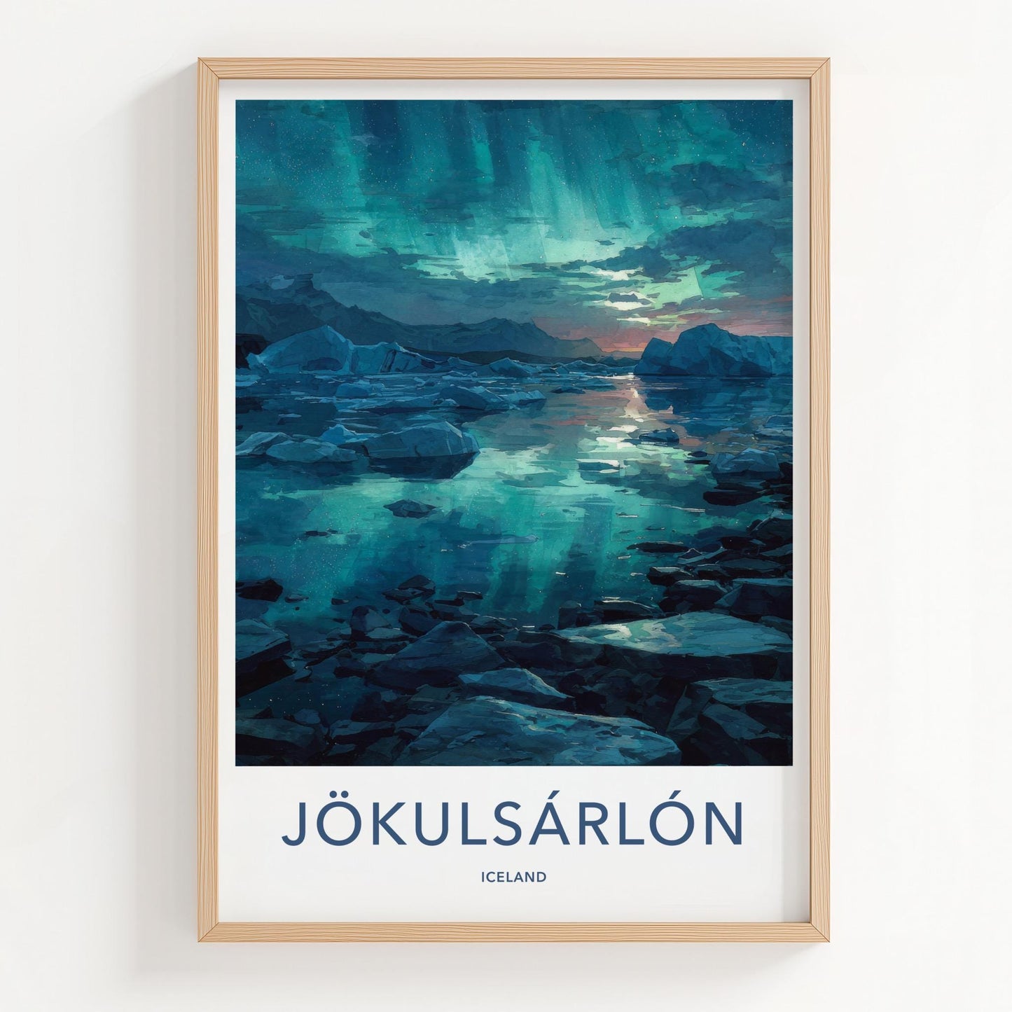 Jokulsarlon Poster - Iceland Travel Art - Aurora Ice Reflections Home Decor