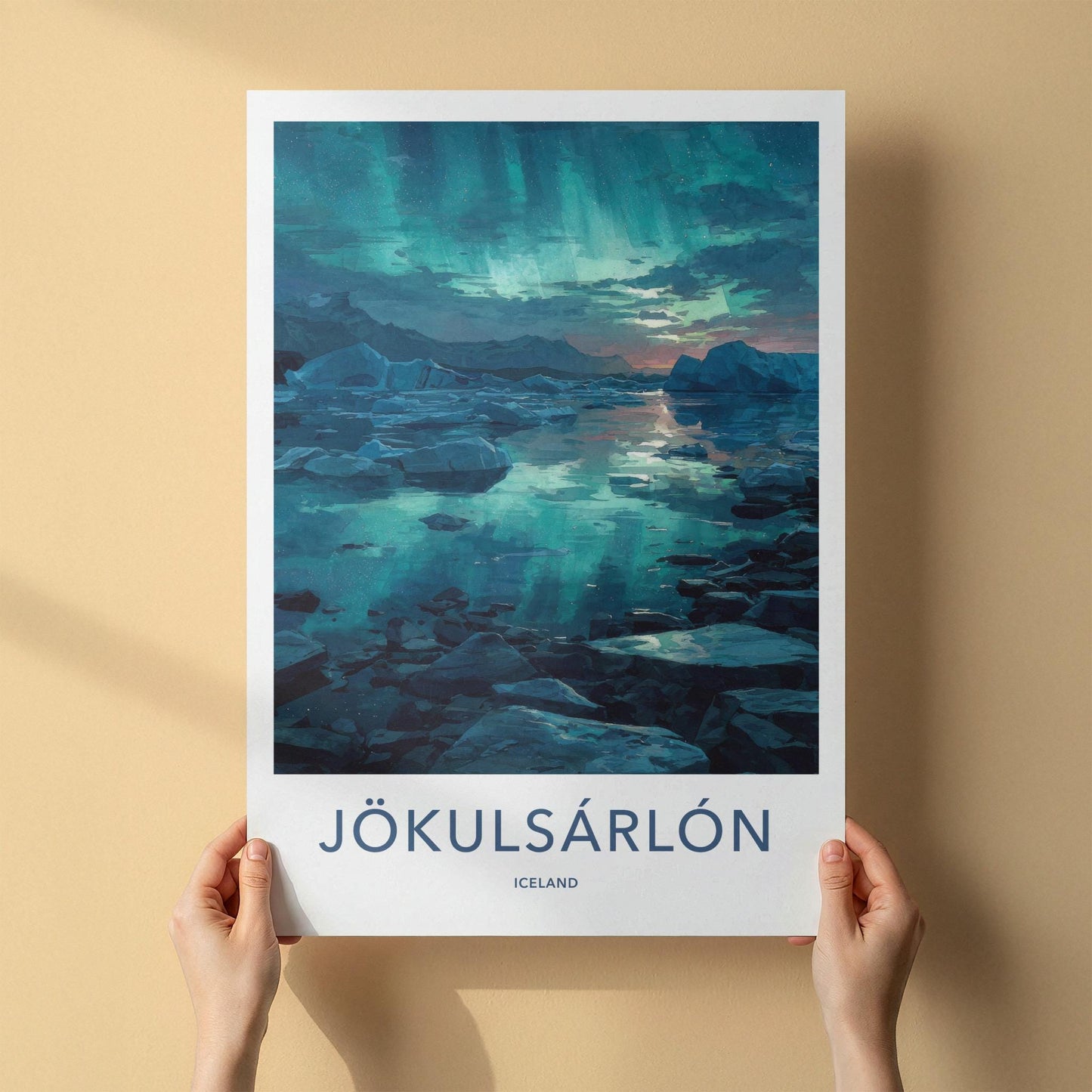 Jokulsarlon Poster - Iceland Travel Art - Aurora Ice Reflections Home Decor