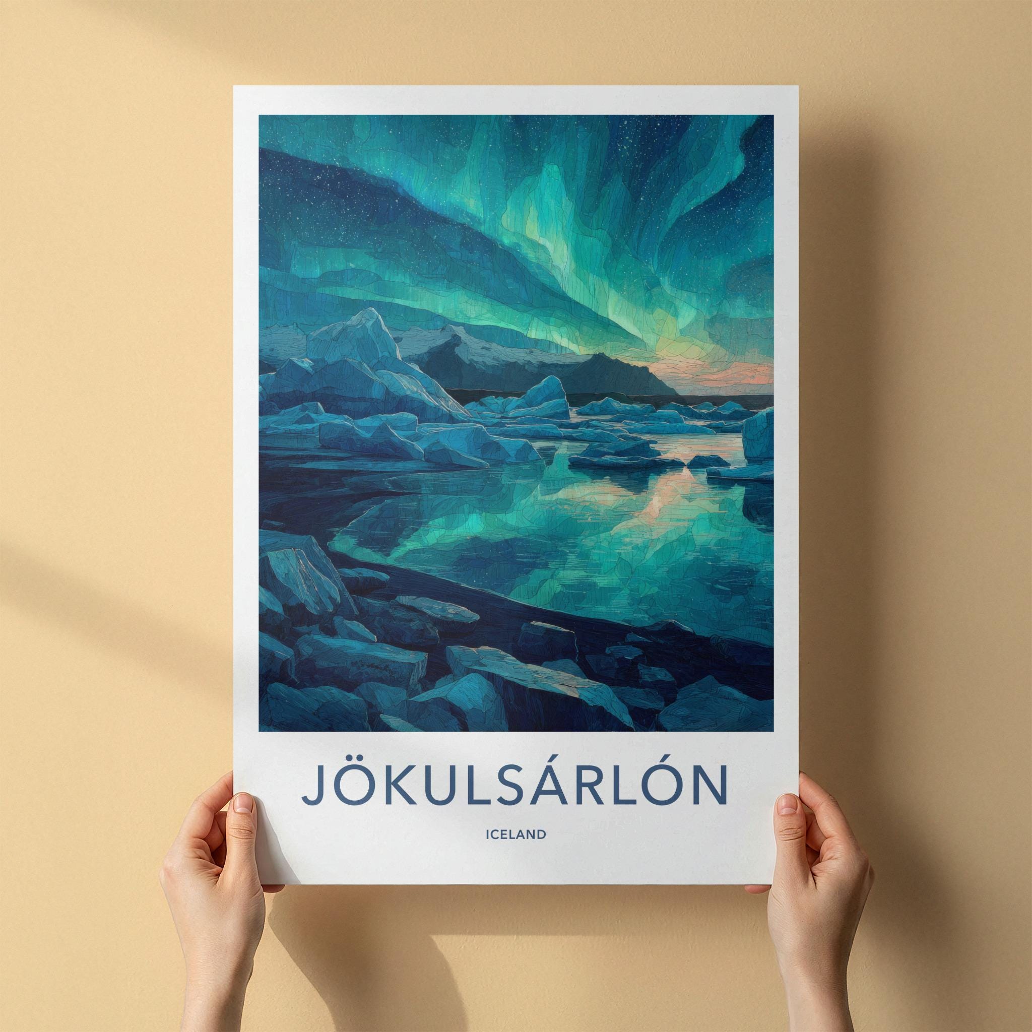 Jokulsarlon Poster - Iceland Travel Art - Glacier Lagoon Aurora Home Decor