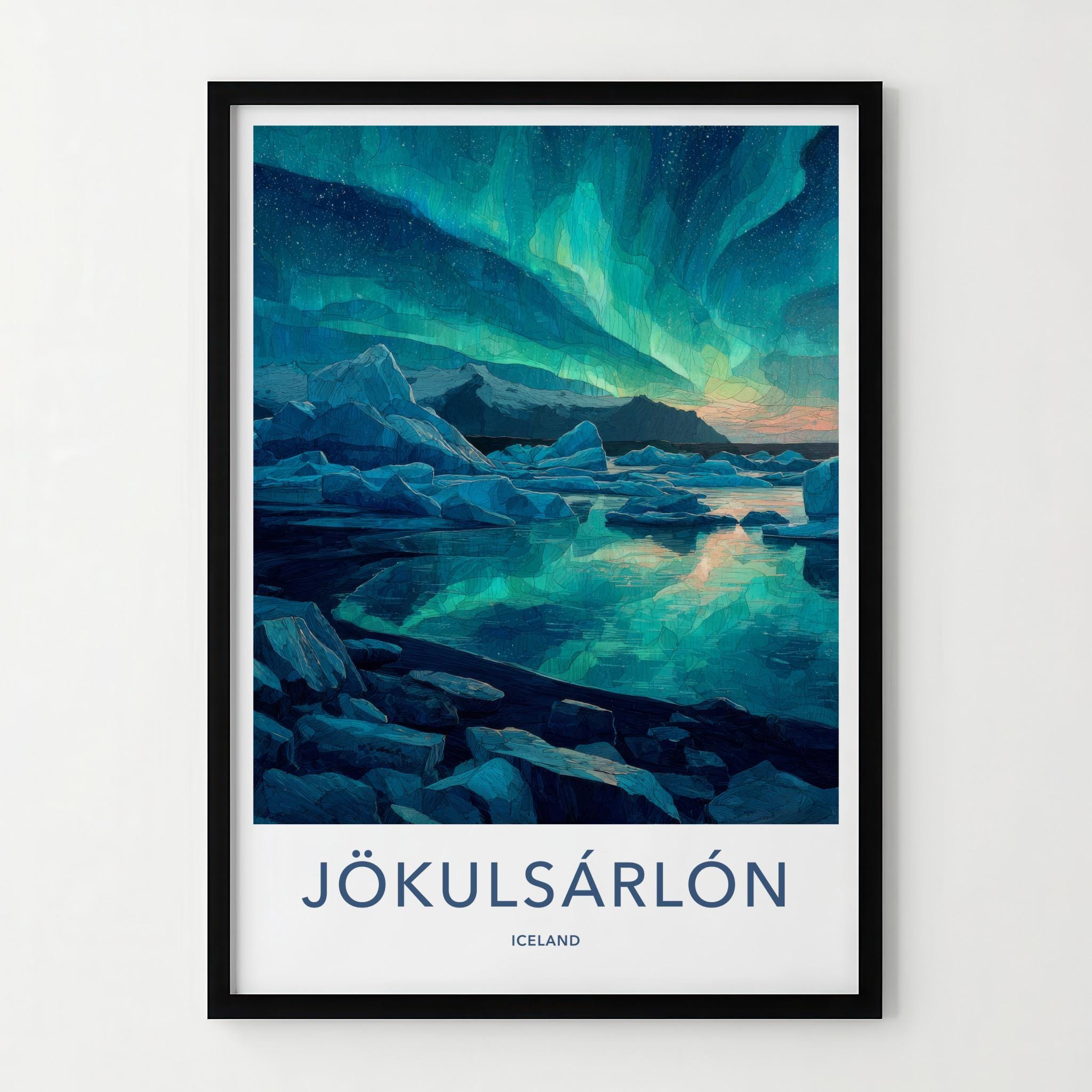 Jokulsarlon Poster - Iceland Travel Art - Glacier Lagoon Aurora Home Decor