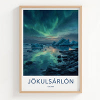 Jokulsarlon Poster - Iceland Travel Art - Icebergs Aurora Reflection Home Decor