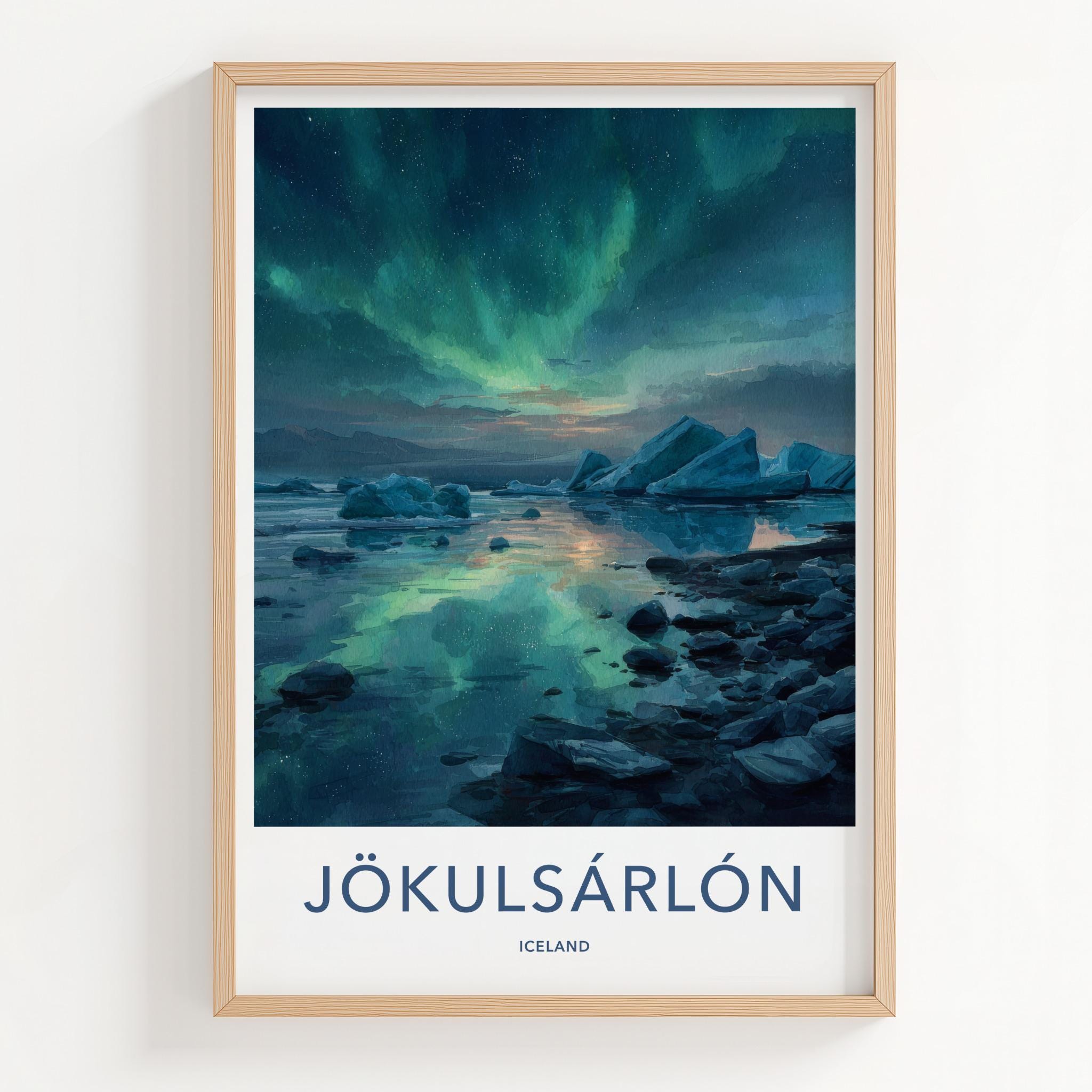 Jokulsarlon Poster - Iceland Travel Art - Icebergs Aurora Reflection Home Decor