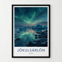 Jokulsarlon Poster - Iceland Travel Art - Icebergs Aurora Reflection Home Decor