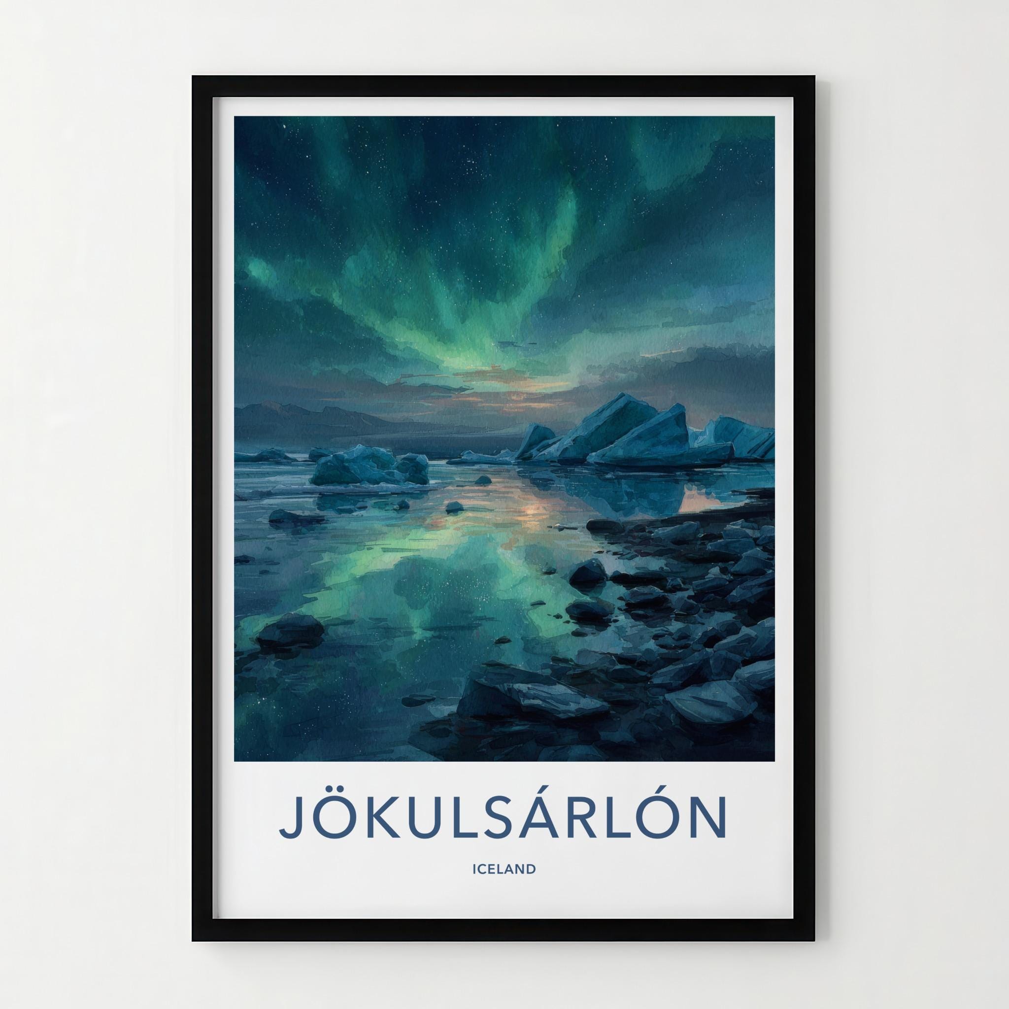 Jokulsarlon Poster - Iceland Travel Art - Icebergs Aurora Reflection Home Decor