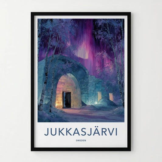 Jukkasjarvi Poster - Sweden Travel Art - Aurora Ice Hotel Home Decor