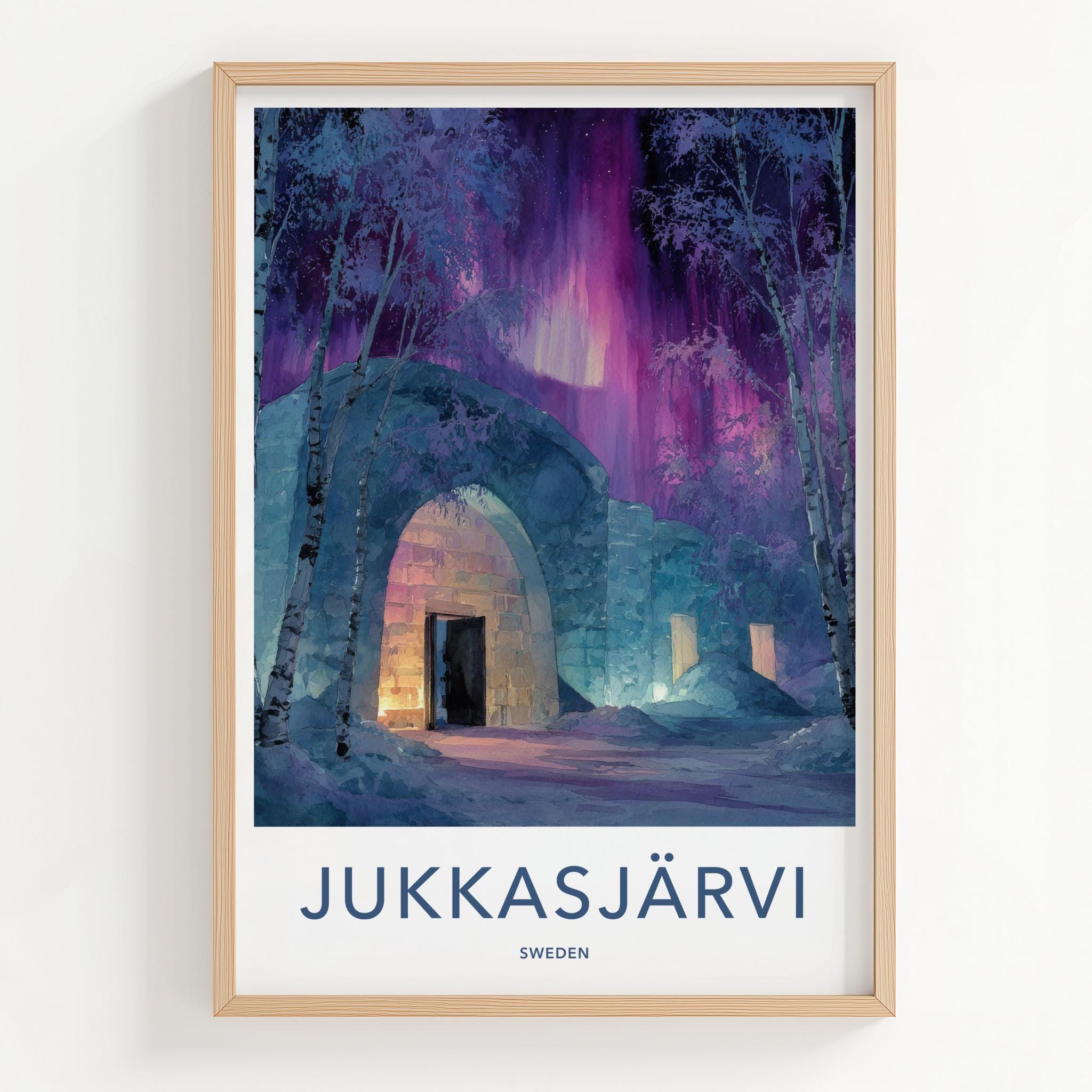 Jukkasjarvi Poster - Sweden Travel Art - Aurora Ice Hotel Home Decor