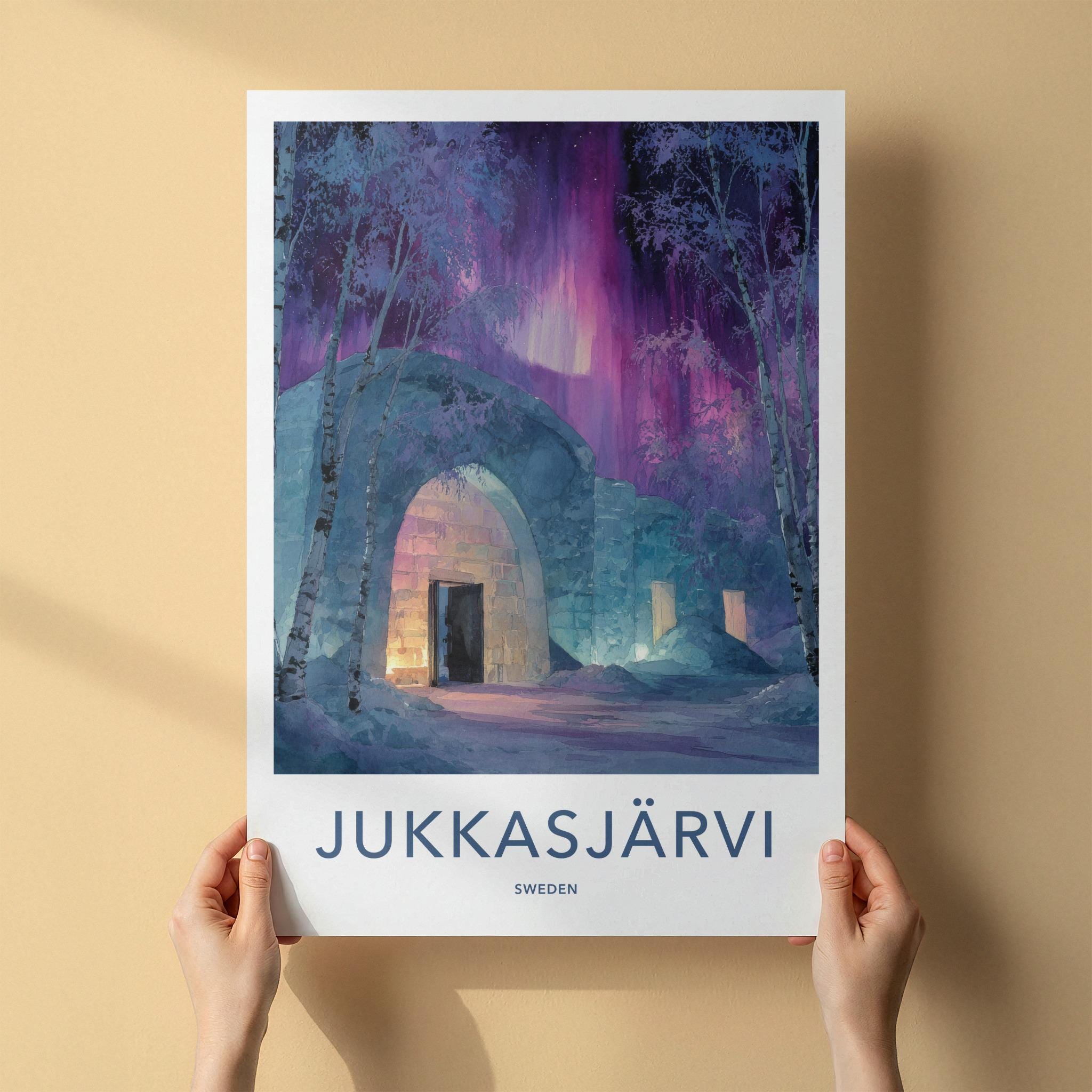 Jukkasjarvi Poster - Sweden Travel Art - Aurora Ice Hotel Home Decor