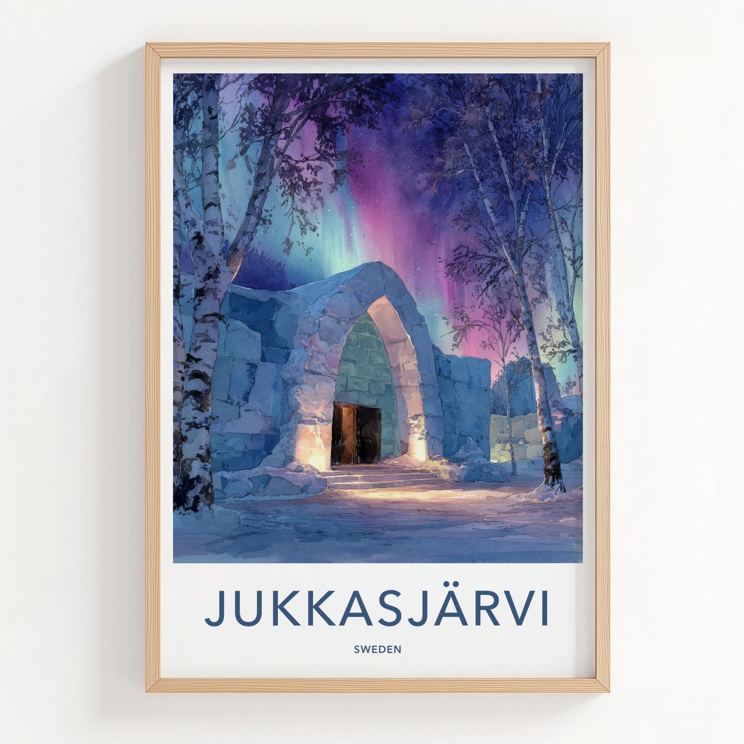 Jukkasjarvi Poster - Sweden Travel Art - Ice Arch Aurora Home Decor